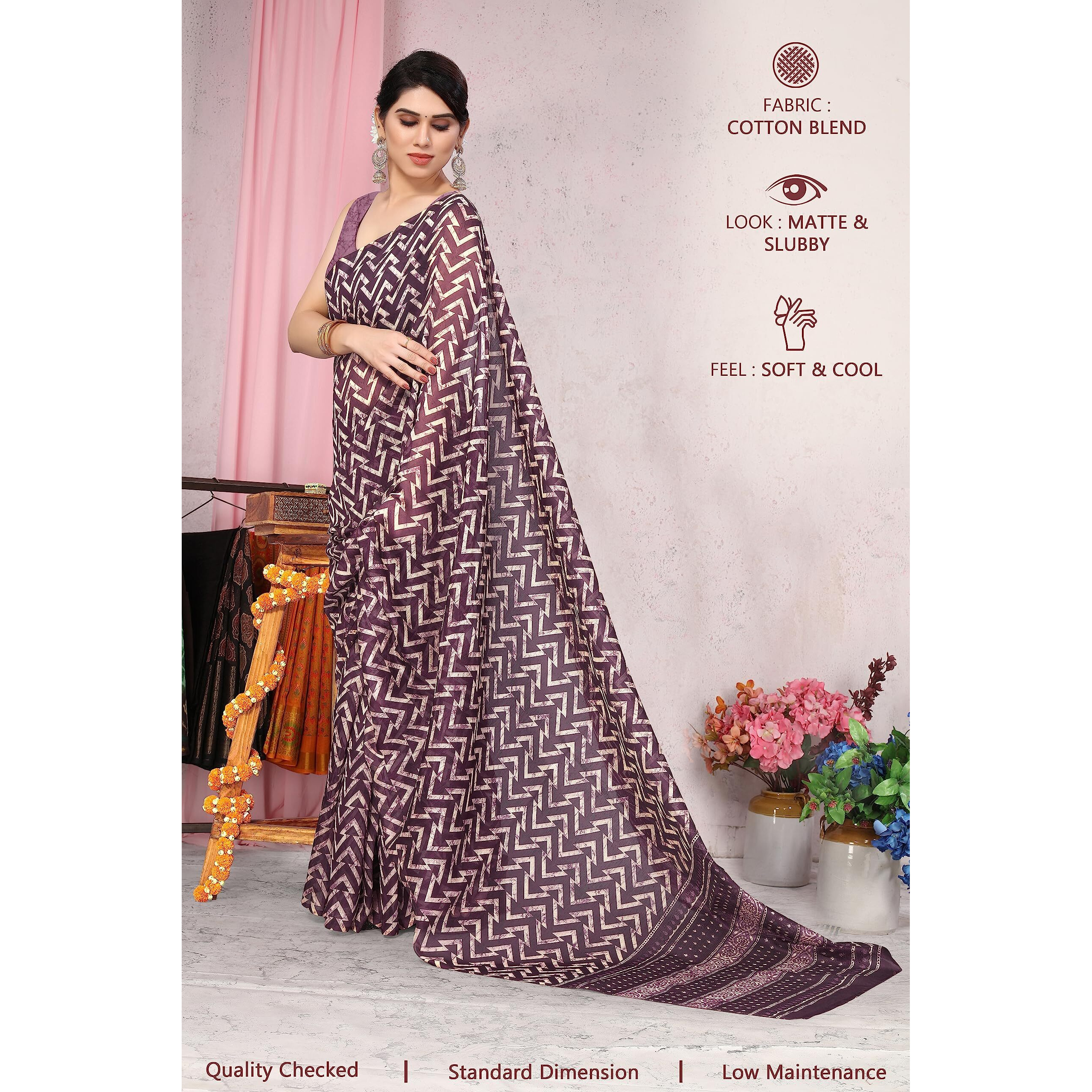 MIRCHI FASHION Womens Plain Weave Cotton Blend Chevron Saree with Blouse Piece (37693-Wine and Cream)