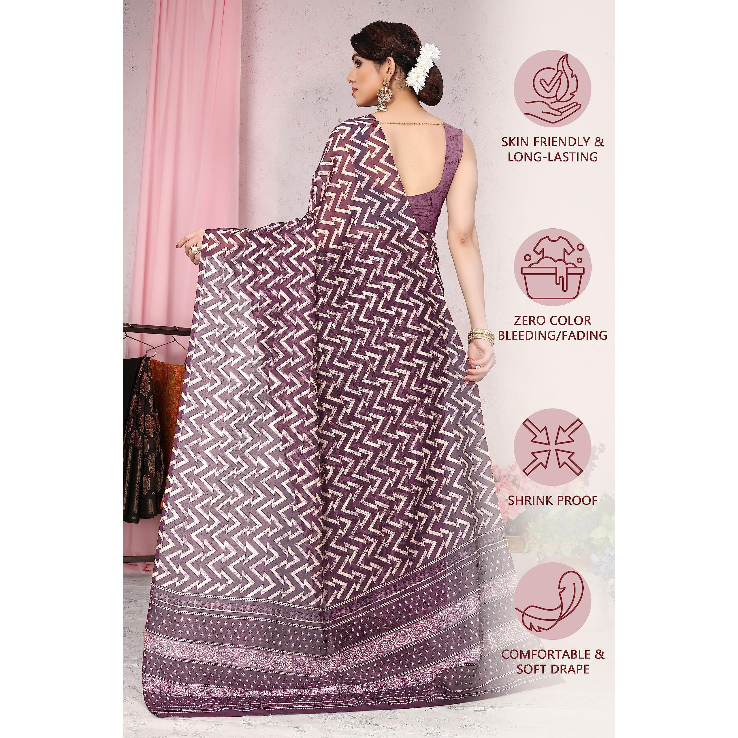 MIRCHI FASHION Womens Plain Weave Cotton Blend Chevron Saree with Blouse Piece (37693-Wine and Cream)