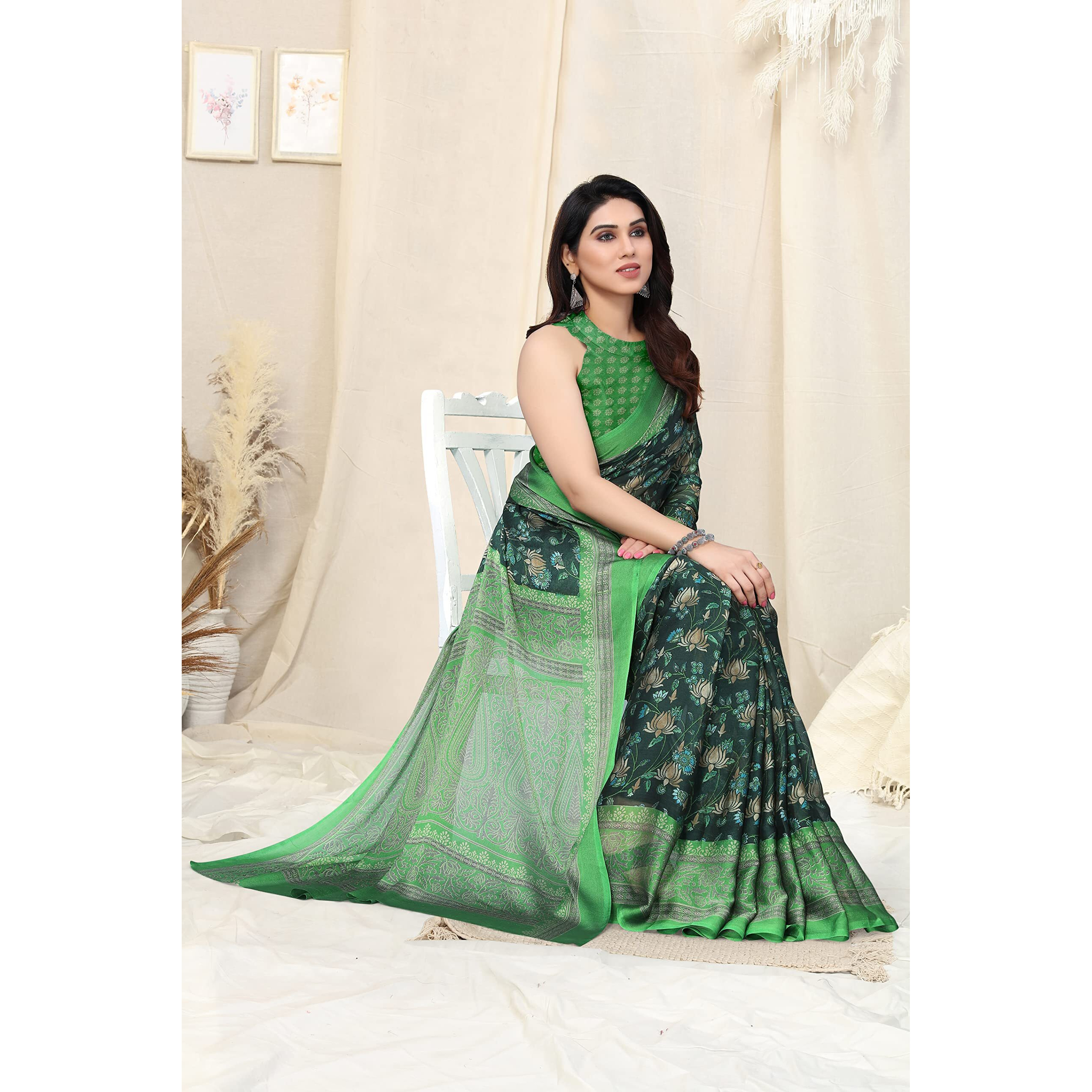 MIRCHI FASHION Womens Plain Weave Chiffon Floral Printed Saree with Blouse Piece (Dark Green, Turquoise)