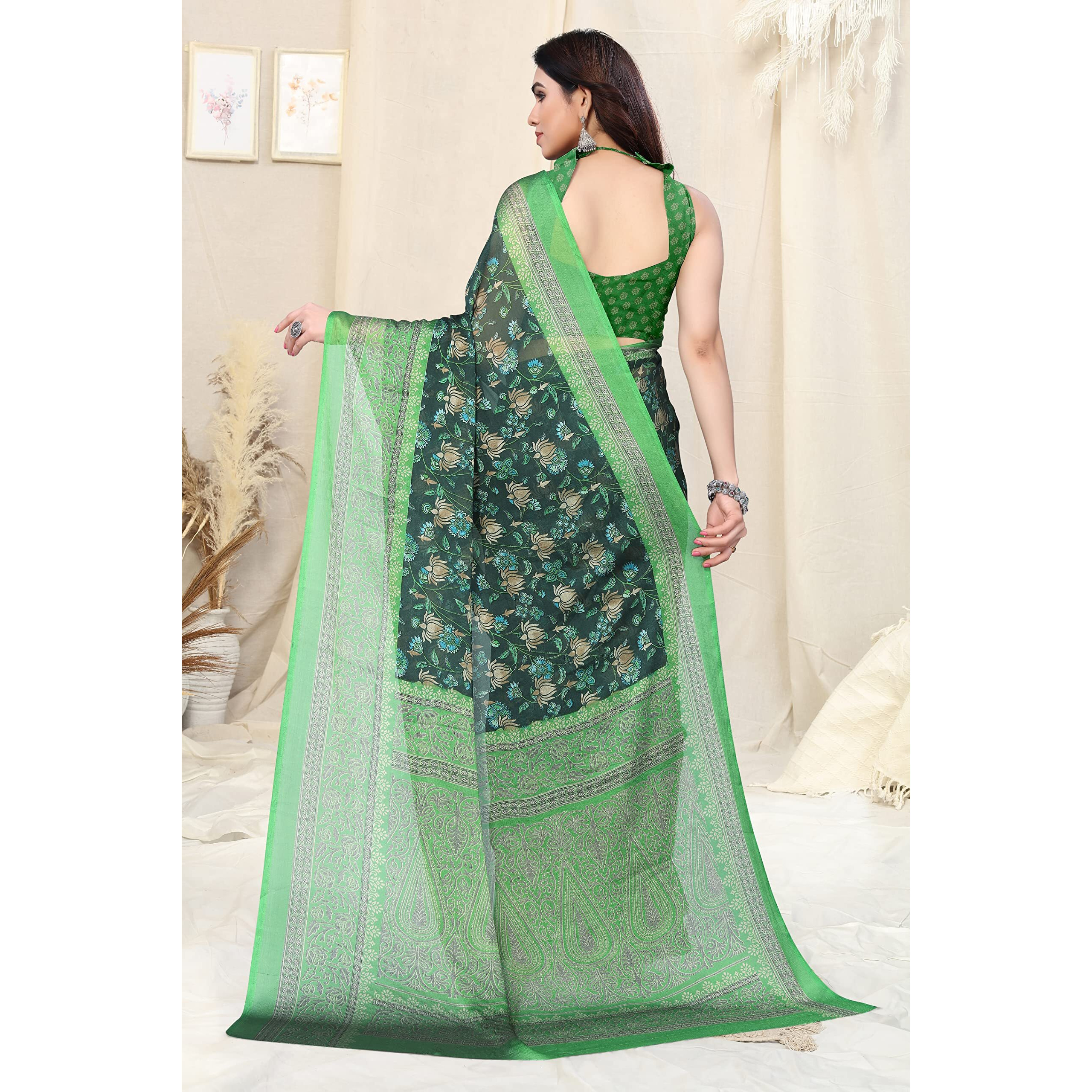 MIRCHI FASHION Womens Plain Weave Chiffon Floral Printed Saree with Blouse Piece (Dark Green, Turquoise)