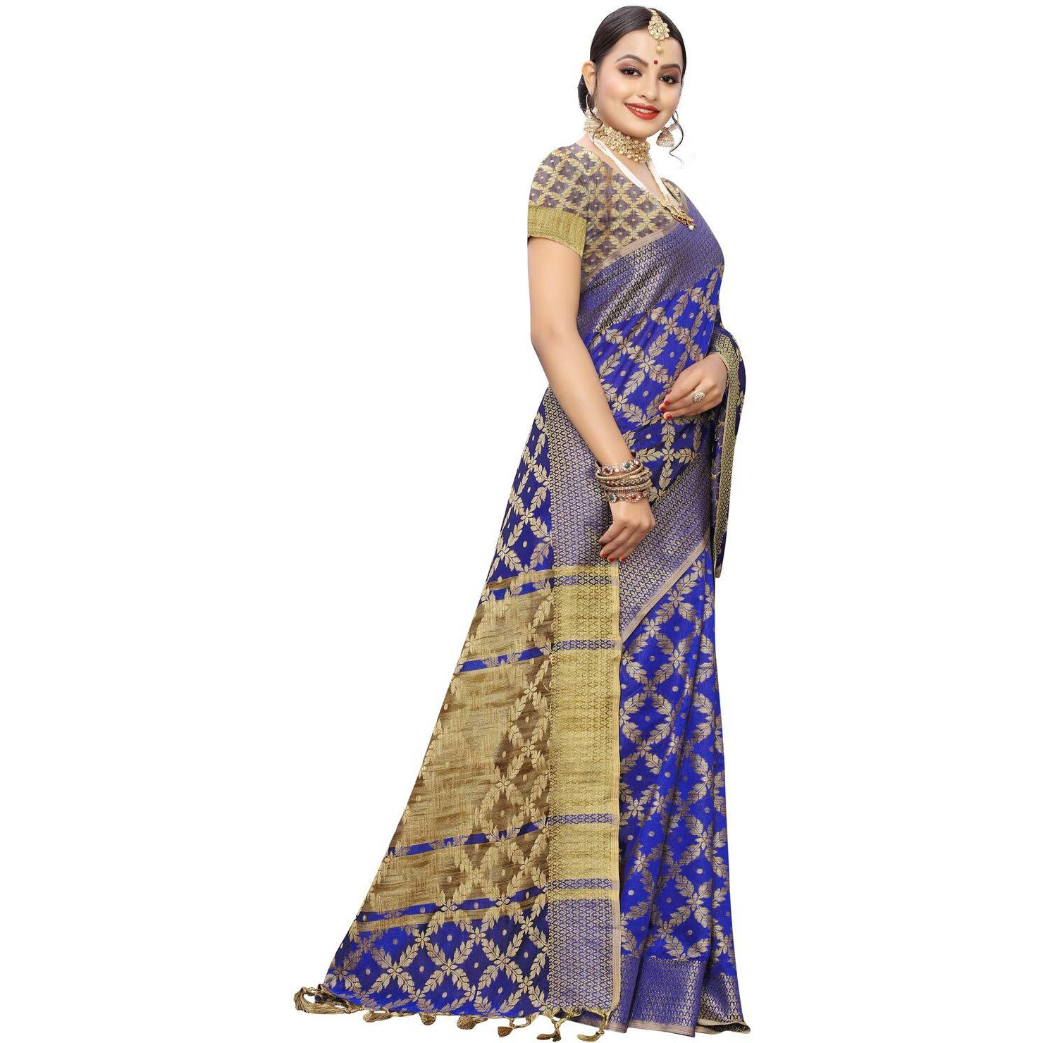 SIRIL Womens Silk Blend Woven Design Kanjeevaram Saree with Blouse (1415S149 Royal Blue Banarasi)