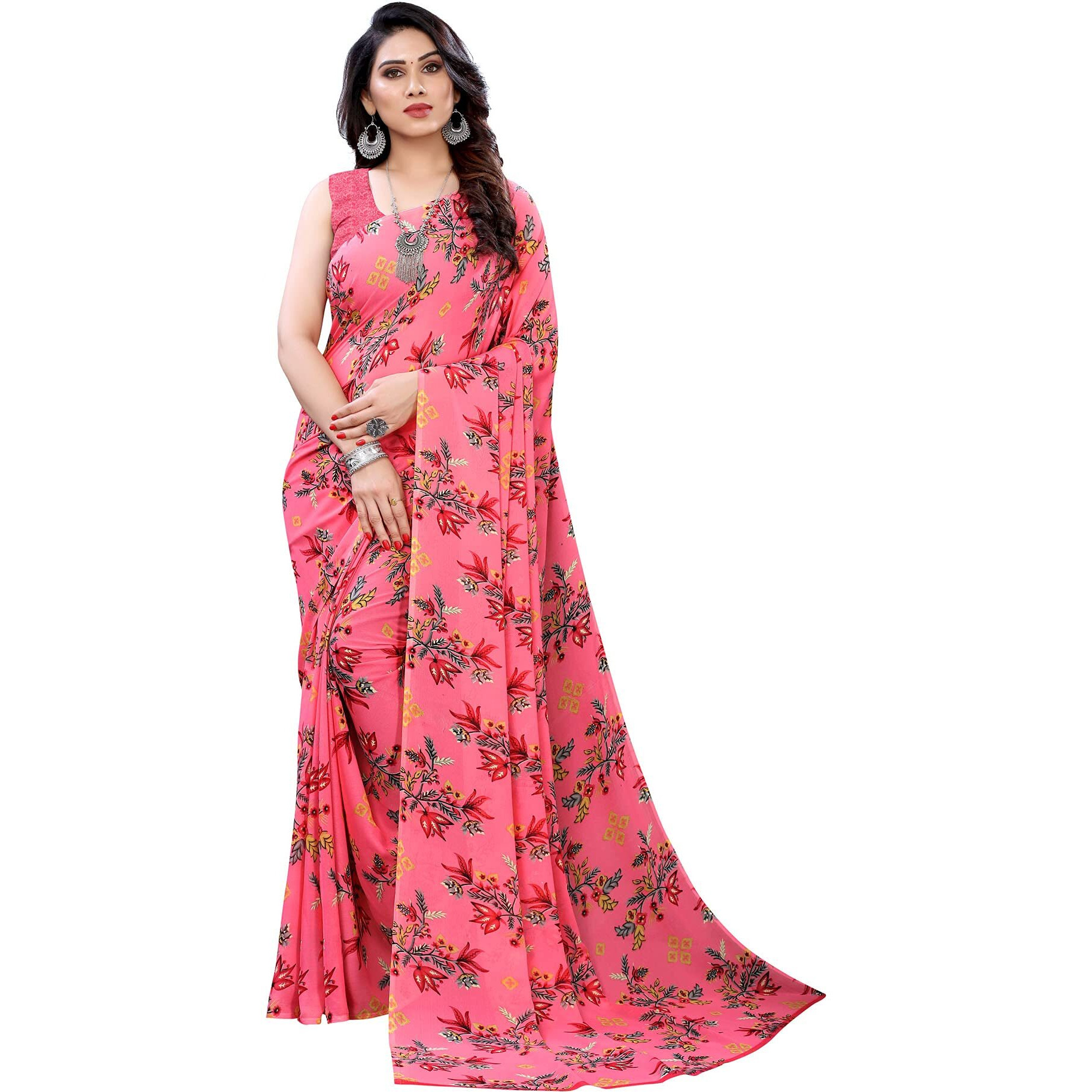 SIRIL Womens Floral Printed Georgette Saree with Blouse Combo Pack Of 2(1955S344_1850S178_Pink||Pink)