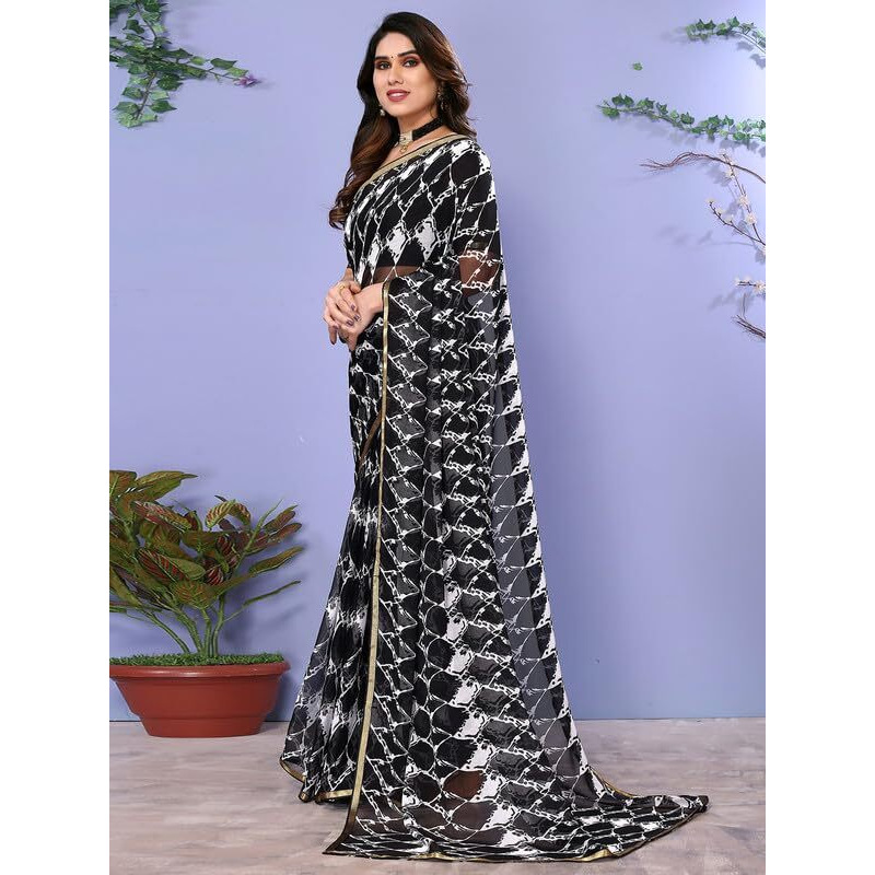 SIRIL Womens Printed Chiffon Saree with Unstitched Blouse Piece (3296S578_Black)