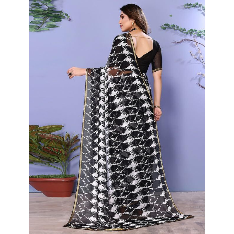SIRIL Womens Printed Chiffon Saree with Unstitched Blouse Piece (3296S578_Black)