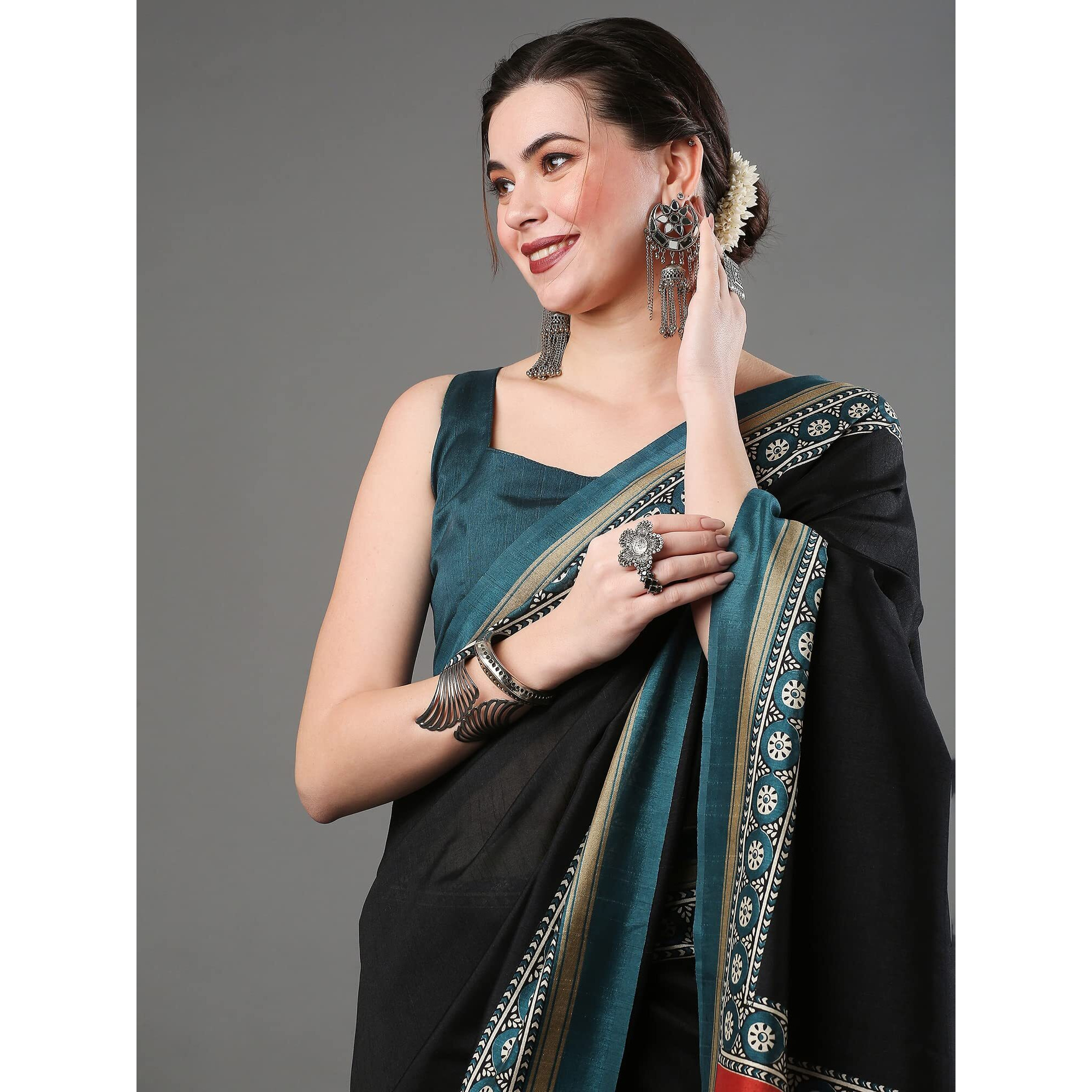 AKHILAM Womens Tussar Bhagalpuri Silk Solid Saree With Unstitched Blouse Piece (Black_22WOM22903)