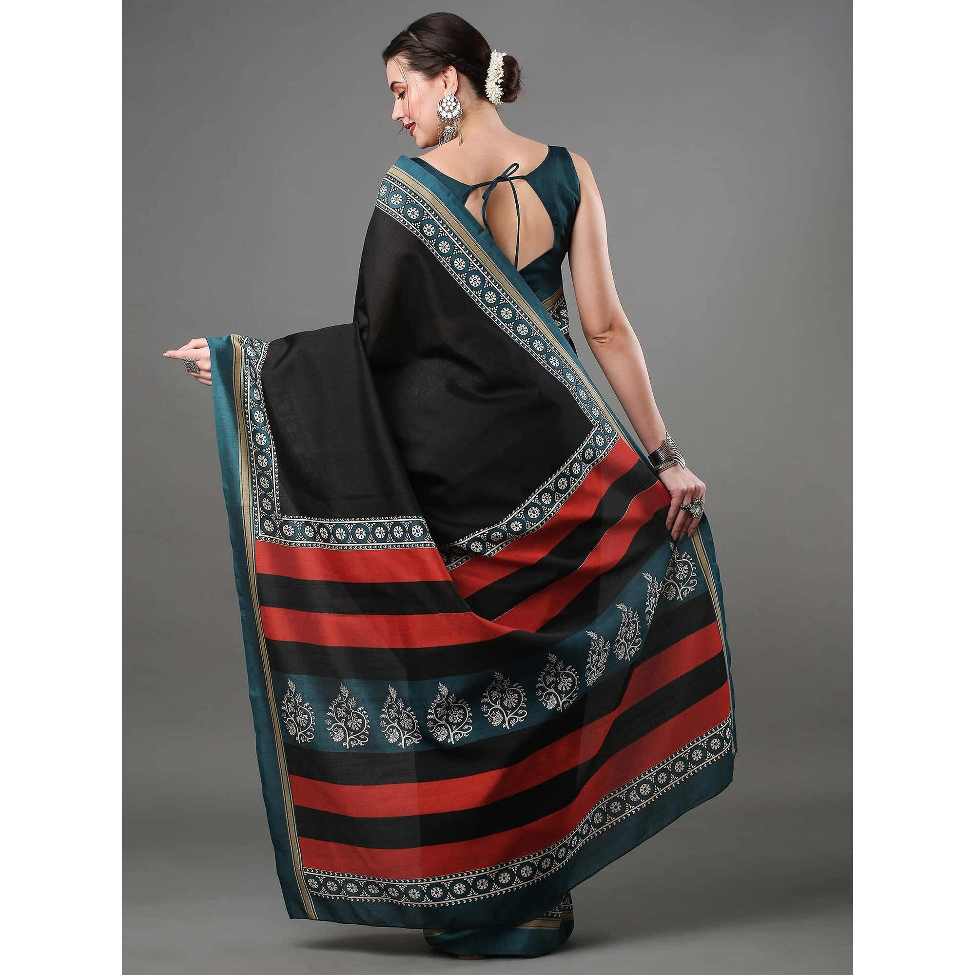 AKHILAM Womens Tussar Bhagalpuri Silk Solid Saree With Unstitched Blouse Piece (Black_22WOM22903)