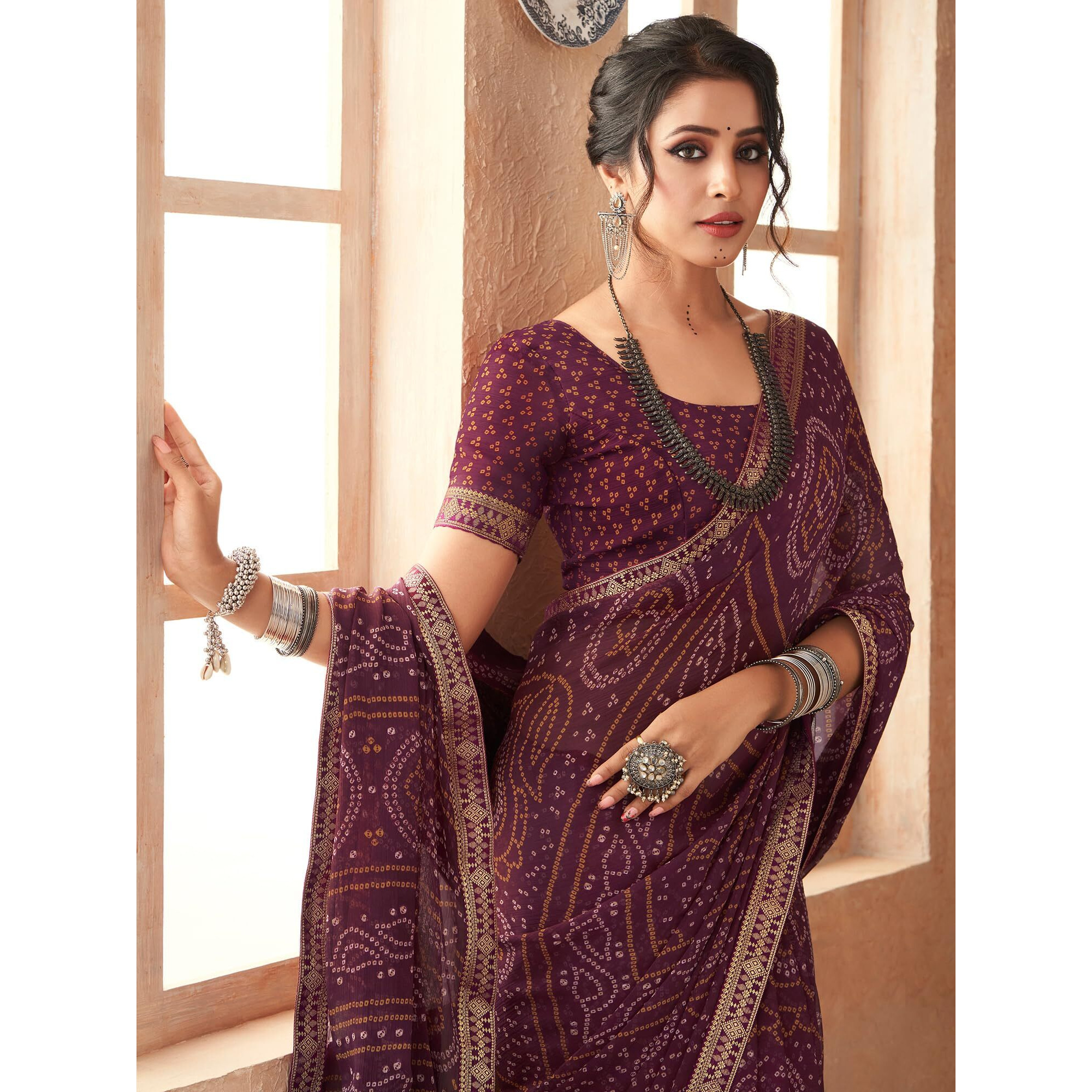 AKHILAM Womens Embellished Lace work Chiffon Bandhani Saree With Unstitched Blouse Piece (Purple_SIMYA25802A_TFH)