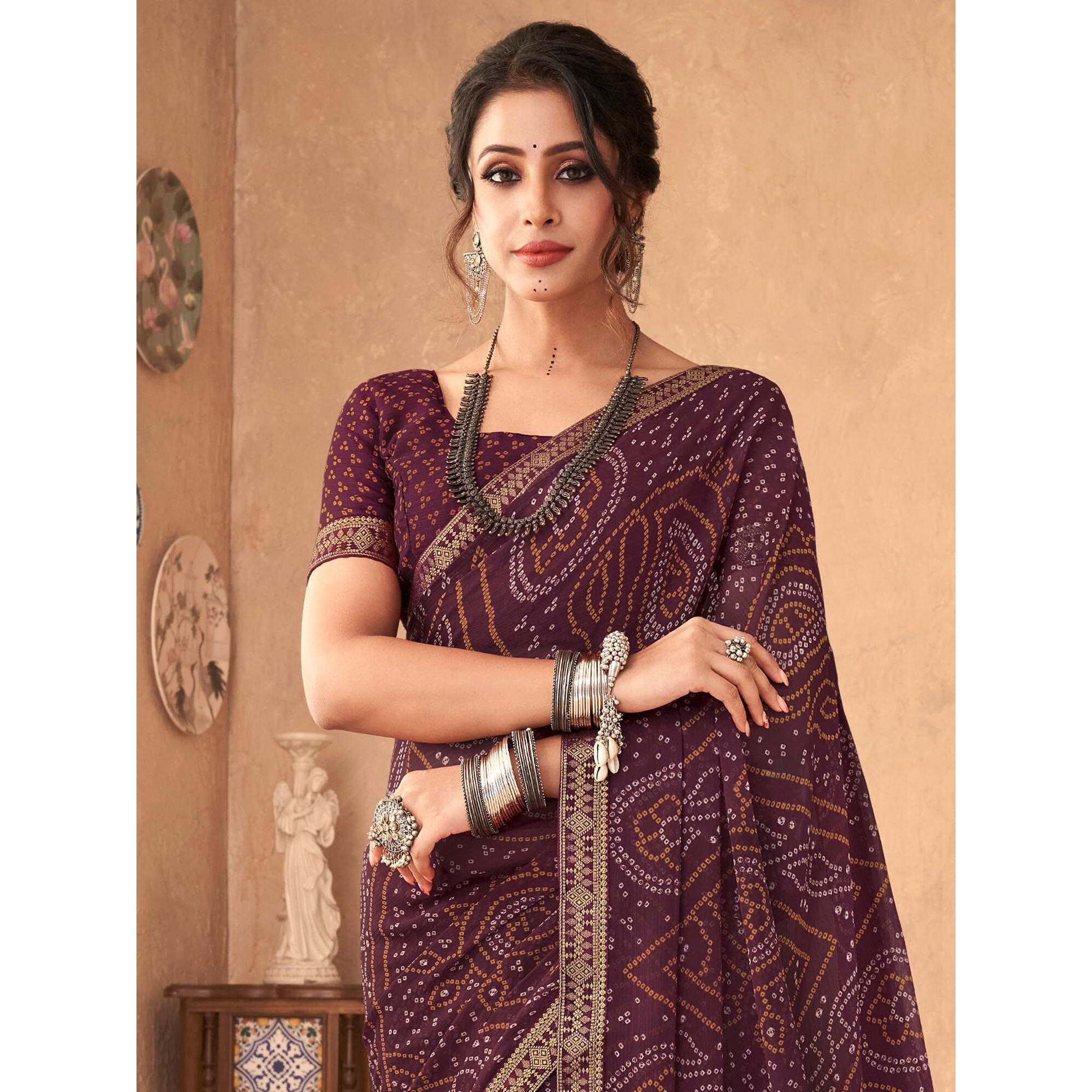 AKHILAM Womens Embellished Lace work Chiffon Bandhani Saree With Unstitched Blouse Piece (Purple_SIMYA25802A_TFH)