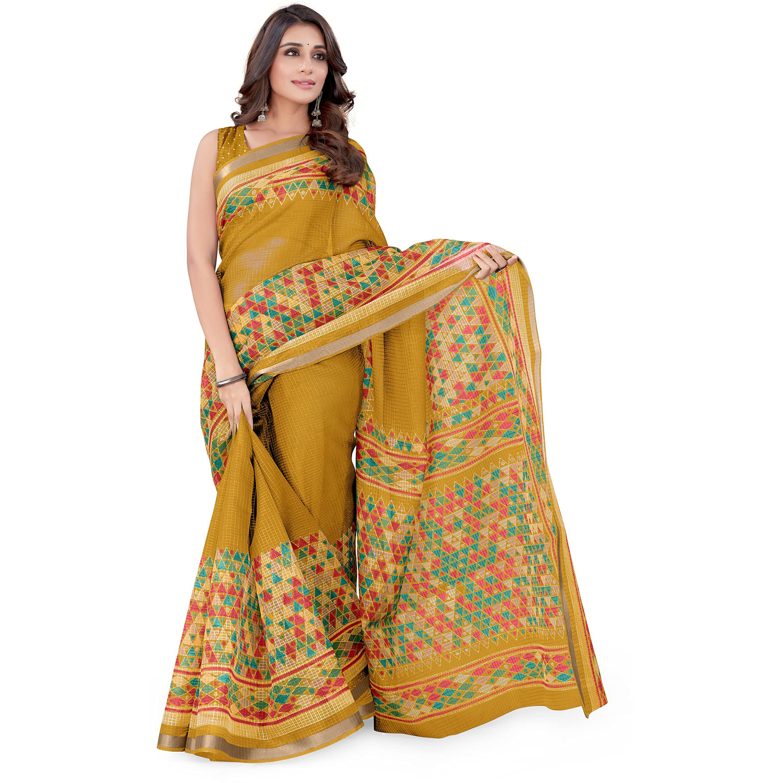 MIRCHI FASHION Womens Kota Doria Kota Doria Checks Woven Geometric Printed Saree with Blouse Piece (38542-Mustard, Red)