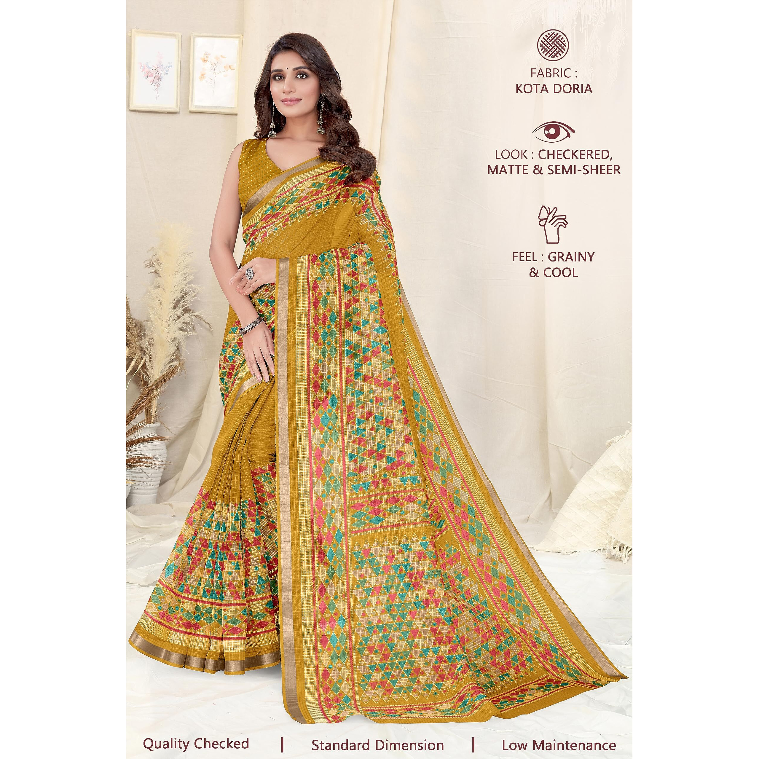 MIRCHI FASHION Womens Kota Doria Kota Doria Checks Woven Geometric Printed Saree with Blouse Piece (38542-Mustard, Red)