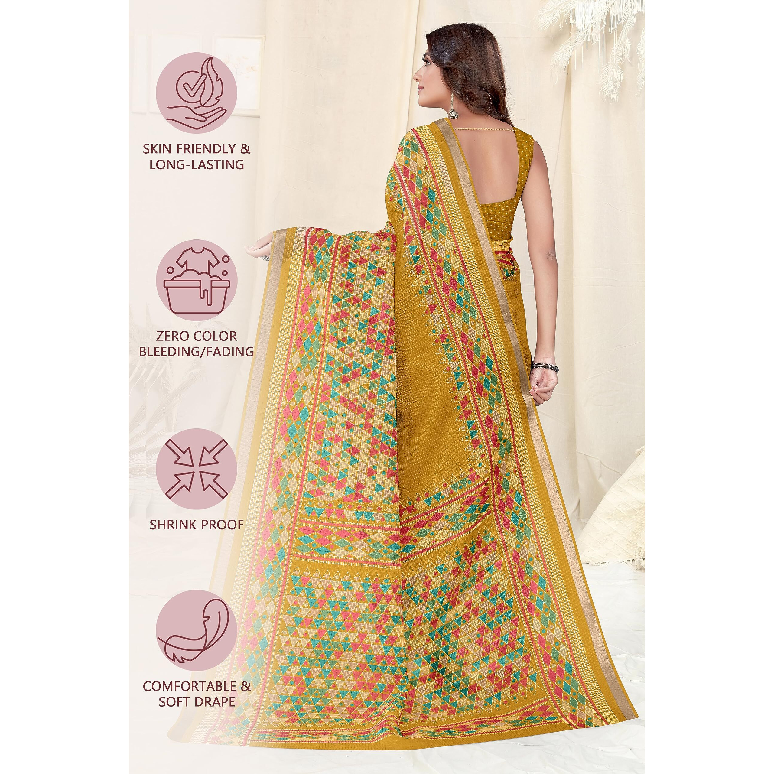 MIRCHI FASHION Womens Kota Doria Kota Doria Checks Woven Geometric Printed Saree with Blouse Piece (38542-Mustard, Red)