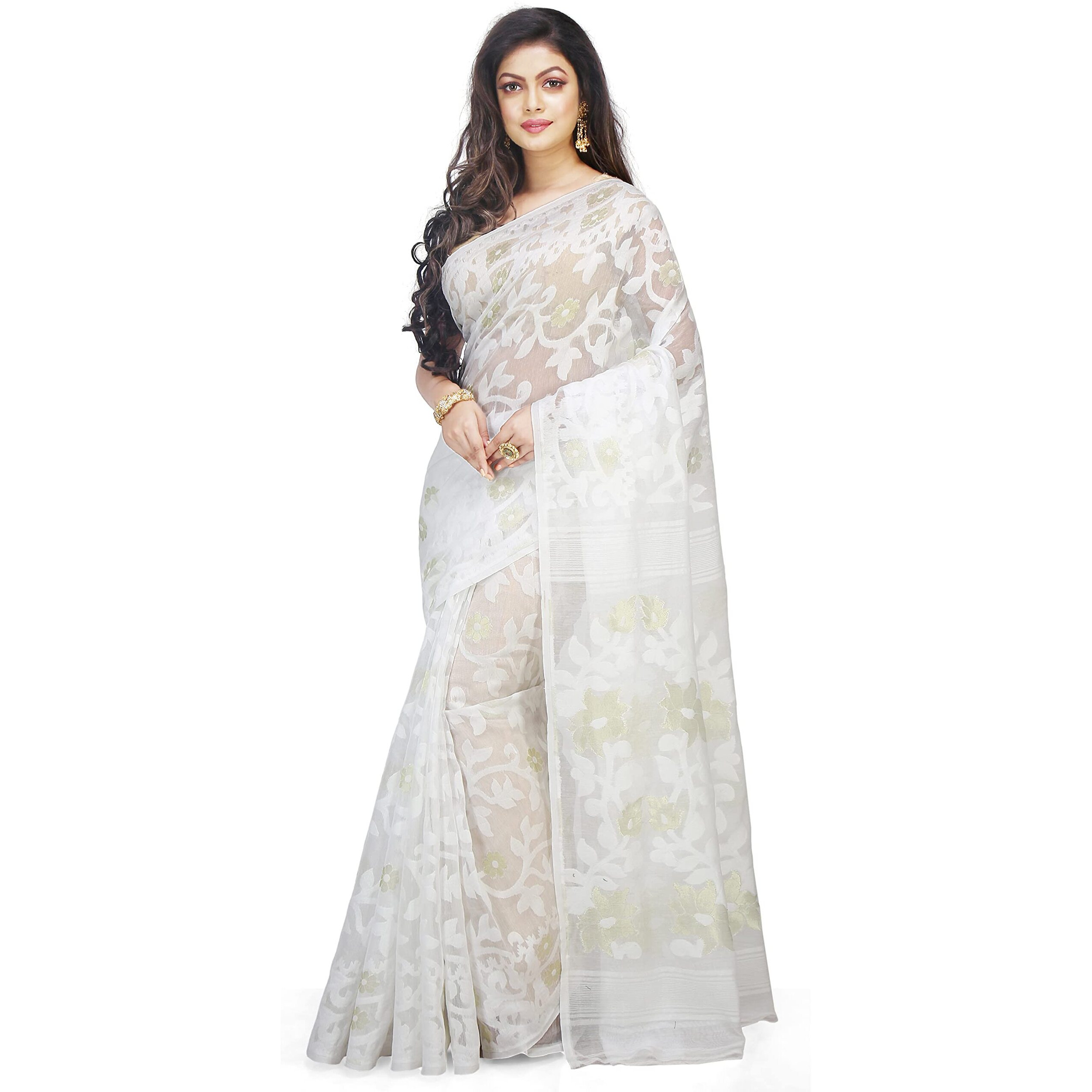 BENGAL HANDLOOM Exclusive Womens Cotton Silk Dhakai Allover Soft Jamdani Sarees (White & White)