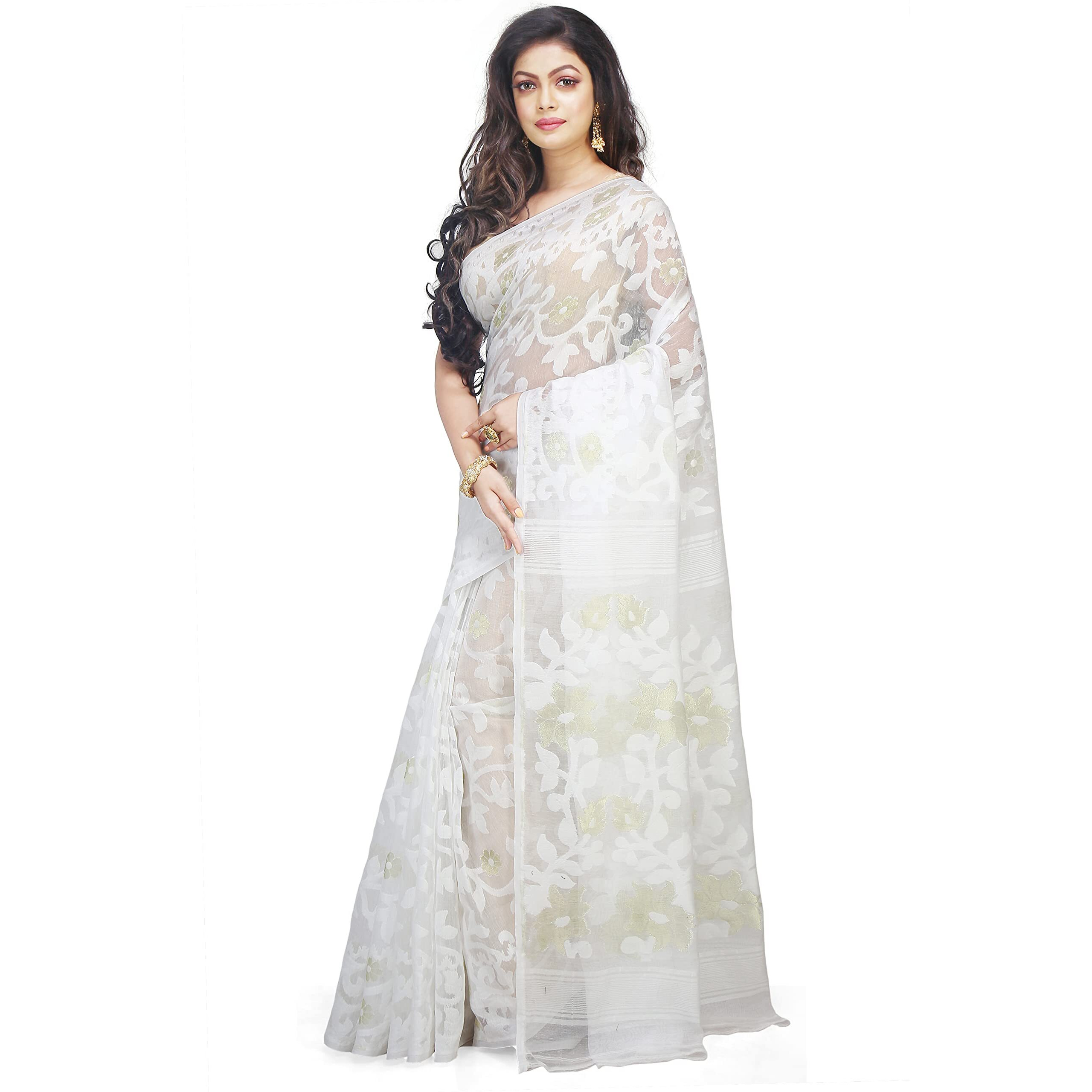 BENGAL HANDLOOM Exclusive Womens Cotton Silk Dhakai Allover Soft Jamdani Sarees (White & White)