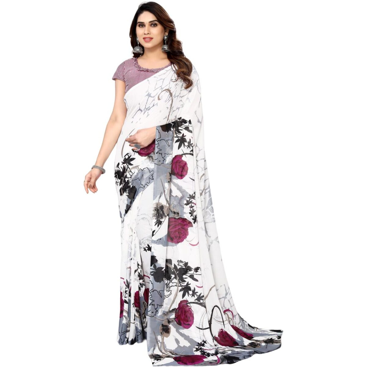 Yashika Womens Printed Trendy Georgette White Color Saree With Blouse Material(PIYA WHITE)
