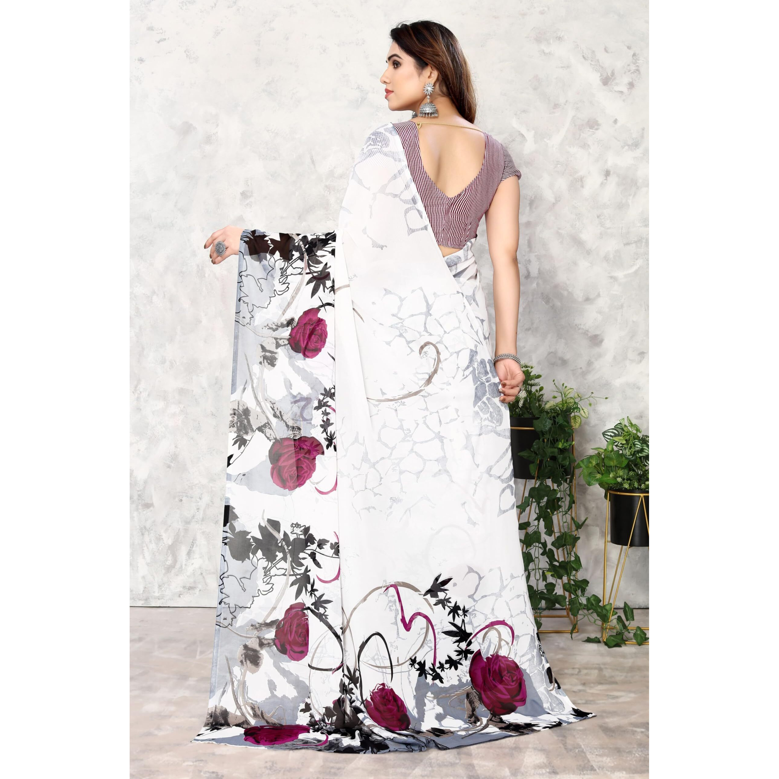 Yashika Womens Printed Trendy Georgette White Color Saree With Blouse Material(PIYA WHITE)