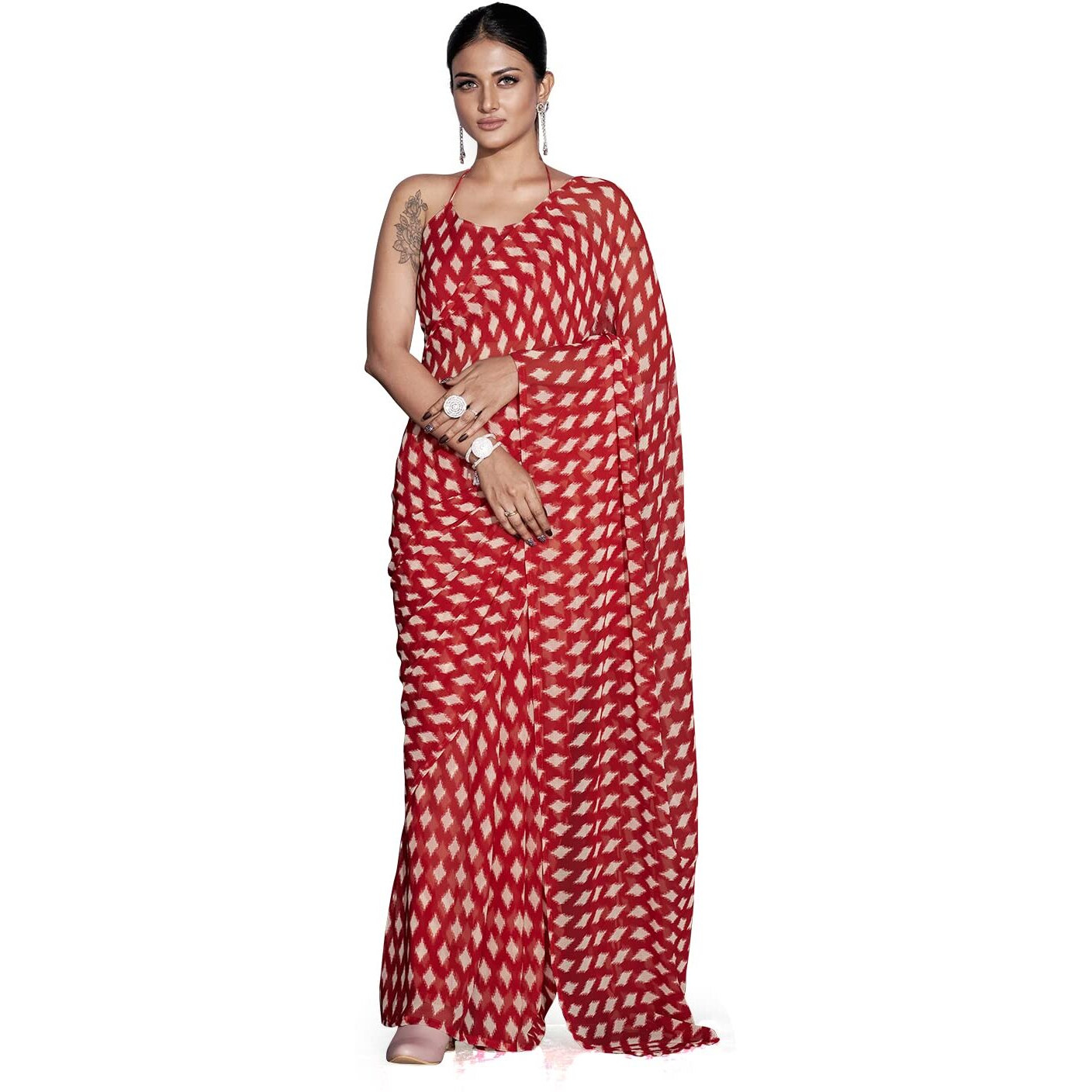 Womanista Womens Printed Georgette Ready to Wear Saree (TI_3360_Red)