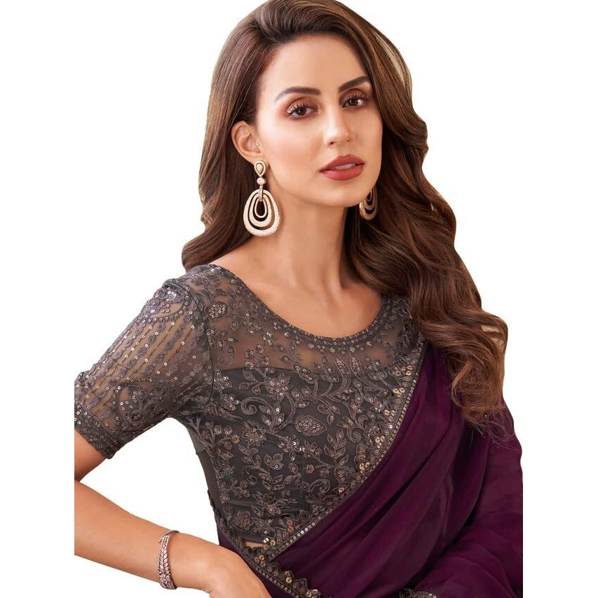 SIRIL Womens Self Woven With Dyed, Lace Chiffon Saree with Unstitched Blouse(2992S2678_Wine)