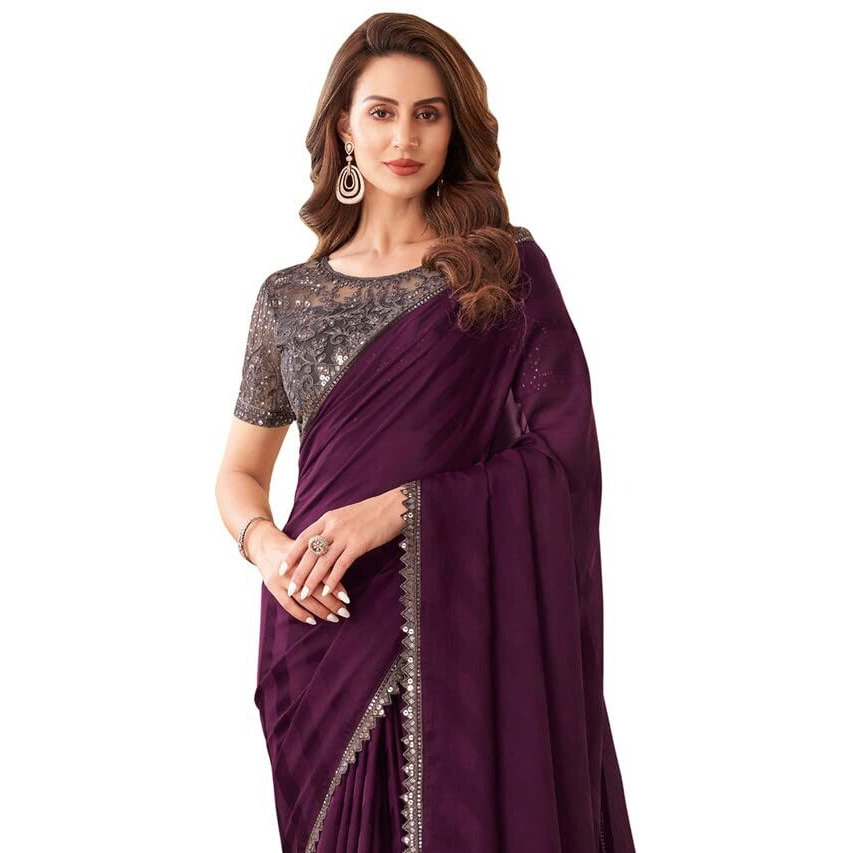 SIRIL Womens Self Woven With Dyed, Lace Chiffon Saree with Unstitched Blouse(2992S2678_Wine)