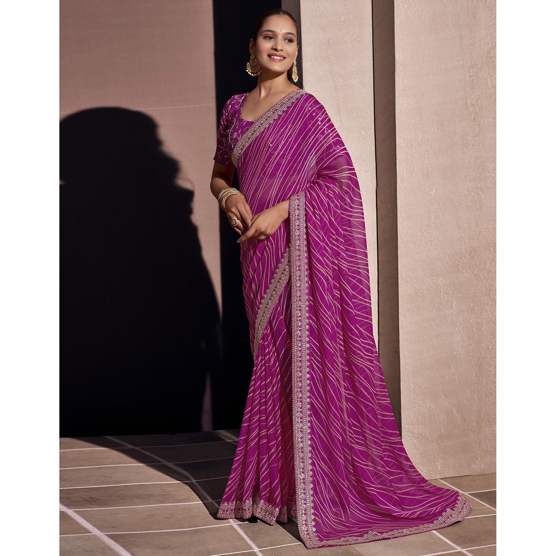 SIRIL Womens Georgette Printed Embroidery Lace Boarder Saree With Unstitched Blouse Piece (3667S2544_Pink)
