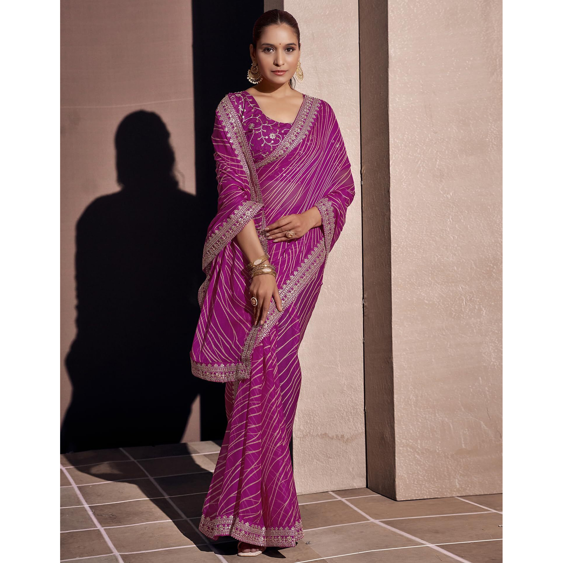 SIRIL Womens Georgette Printed Embroidery Lace Boarder Saree With Unstitched Blouse Piece (3667S2544_Pink)