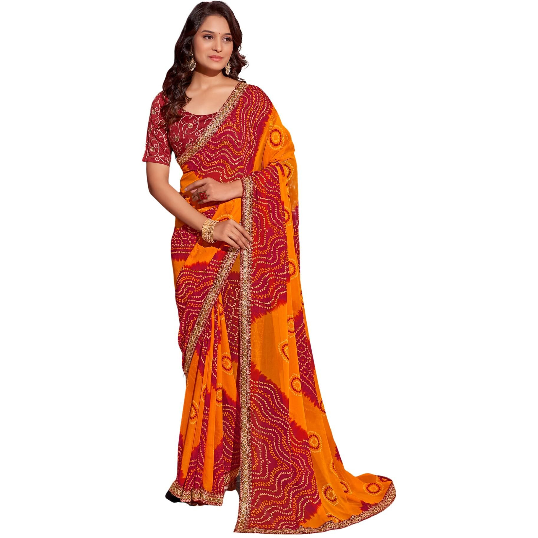 SIRIL Womens Georgette Bandhani Printed Sequence Embroidery Lace Saree With Unstitched Blouse Piece (3667S2541_Red & Orange)