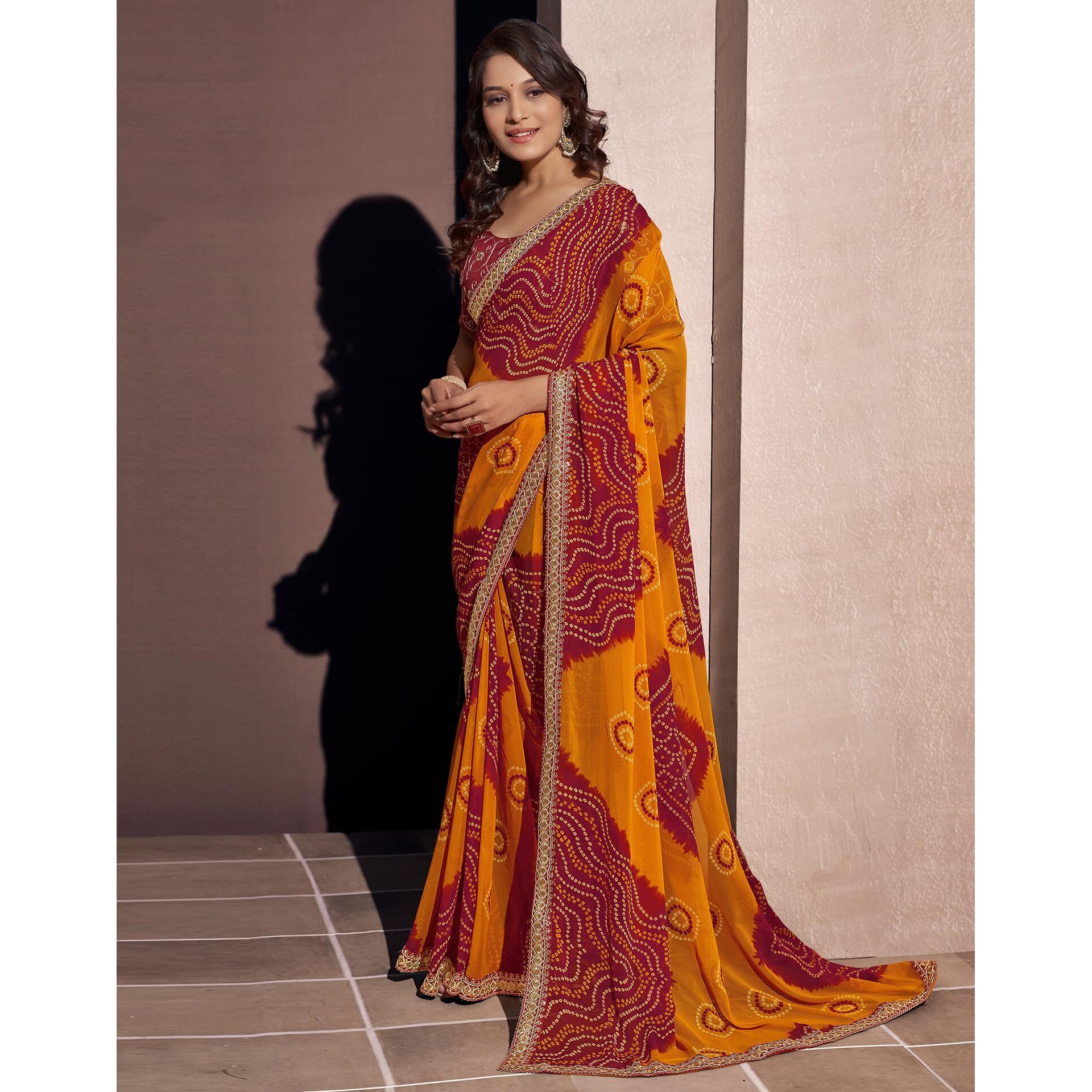 SIRIL Womens Georgette Bandhani Printed Sequence Embroidery Lace Saree With Unstitched Blouse Piece (3667S2541_Red & Orange)
