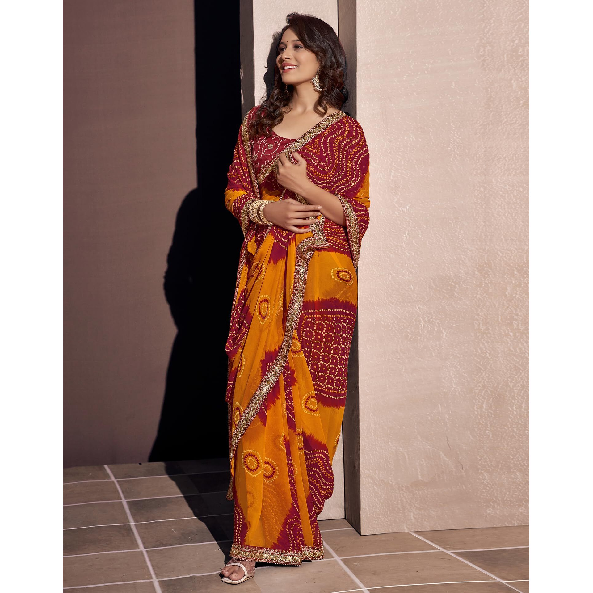 SIRIL Womens Georgette Bandhani Printed Sequence Embroidery Lace Saree With Unstitched Blouse Piece (3667S2541_Red & Orange)