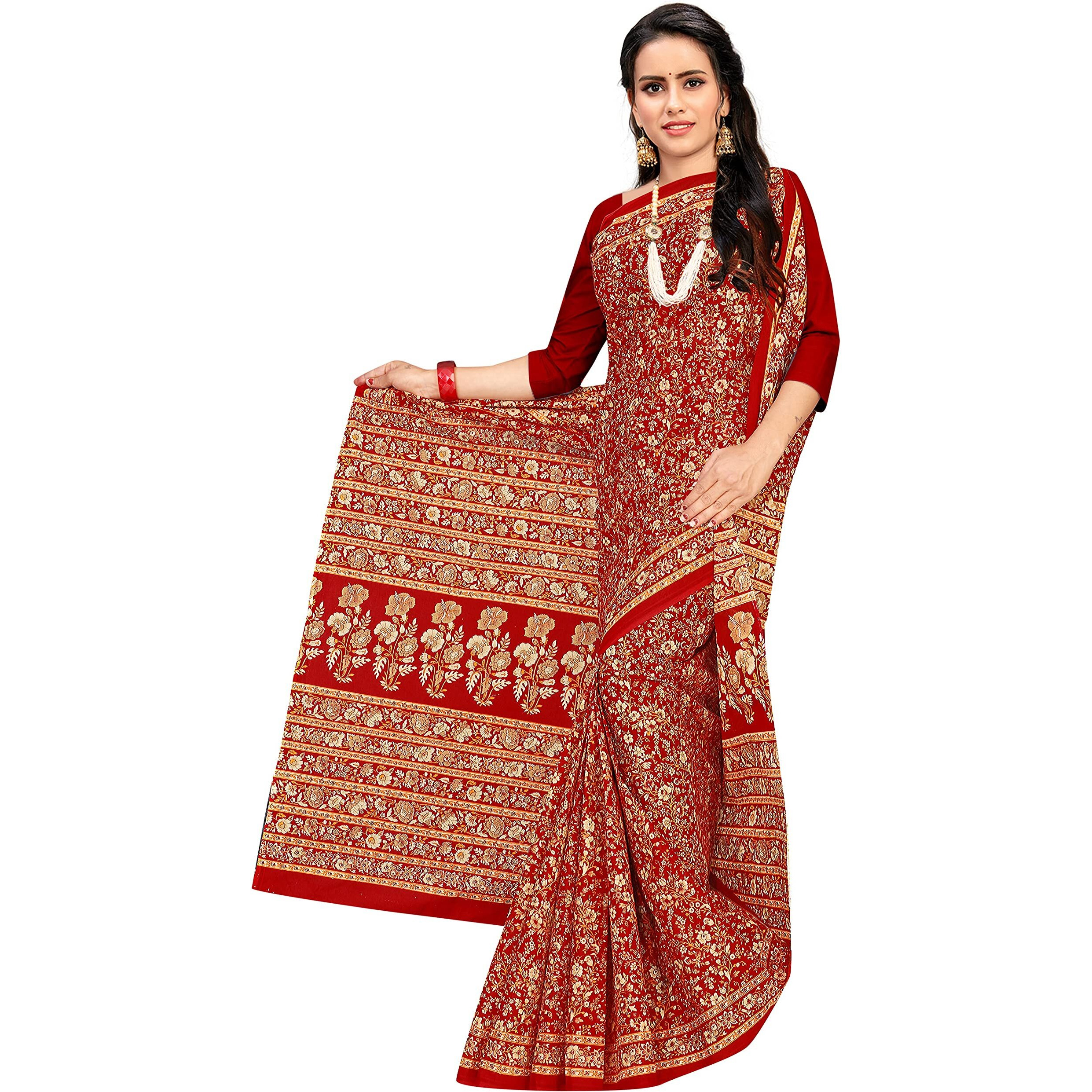 TAMAIRA FASHION Womens Plain Weave Pure Cotton Saree Without Blouse Piece(2336_Red)