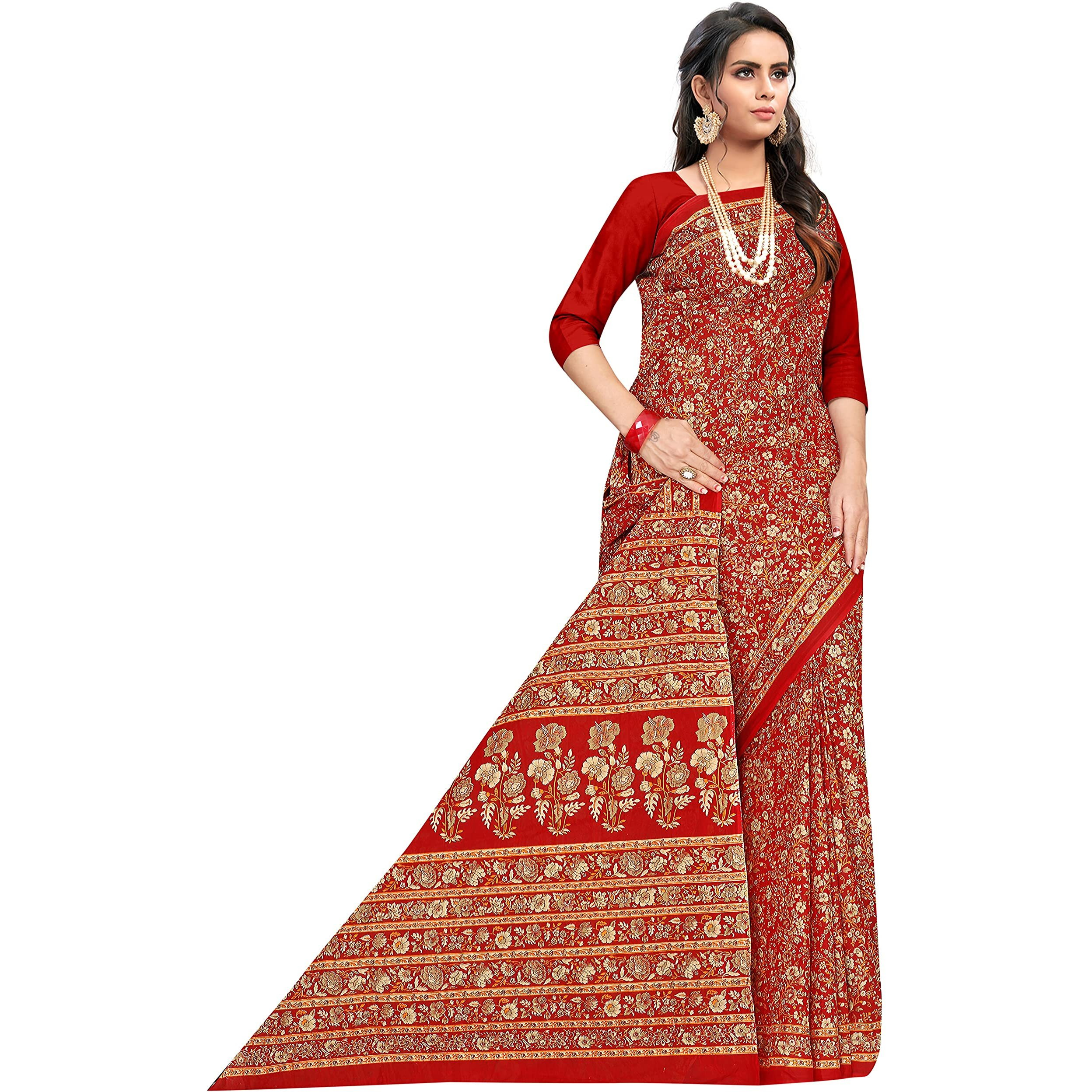 TAMAIRA FASHION Womens Plain Weave Pure Cotton Saree Without Blouse Piece(2336_Red)