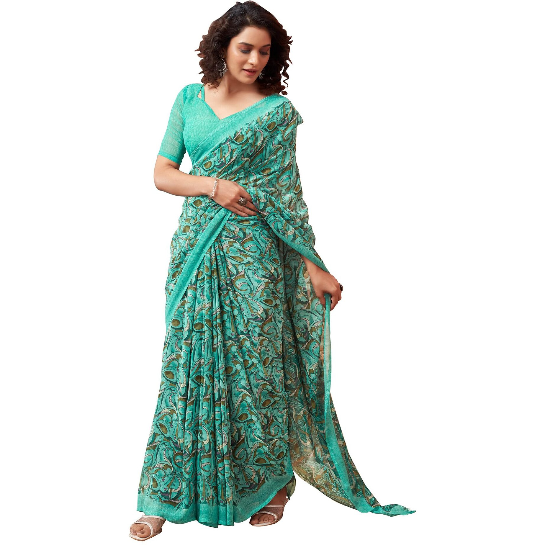 SIRIL Womens Georgette Printed Saree With Unstitched Blouse Piece (3448S1087_Turquoise)