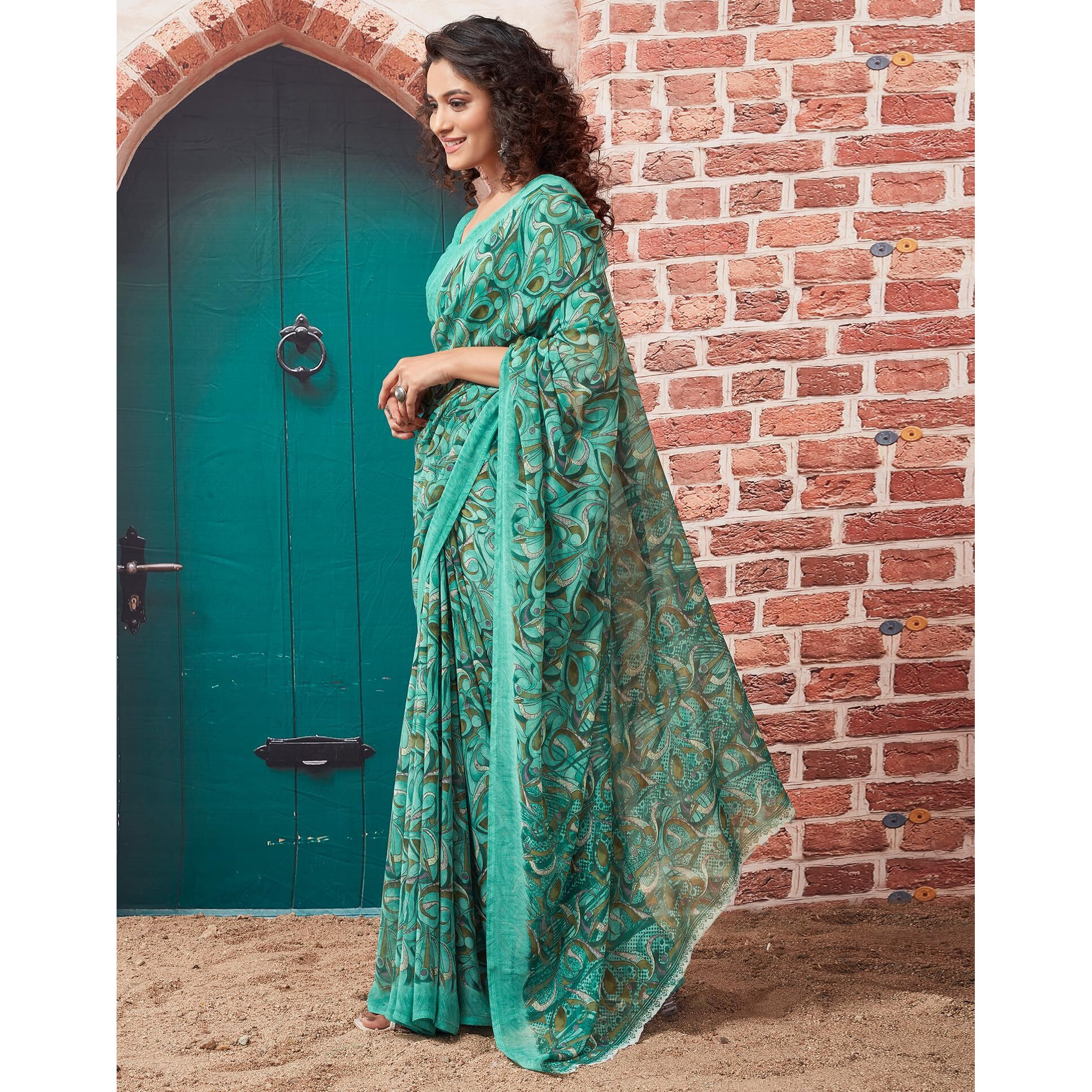 SIRIL Womens Georgette Printed Saree With Unstitched Blouse Piece (3448S1087_Turquoise)