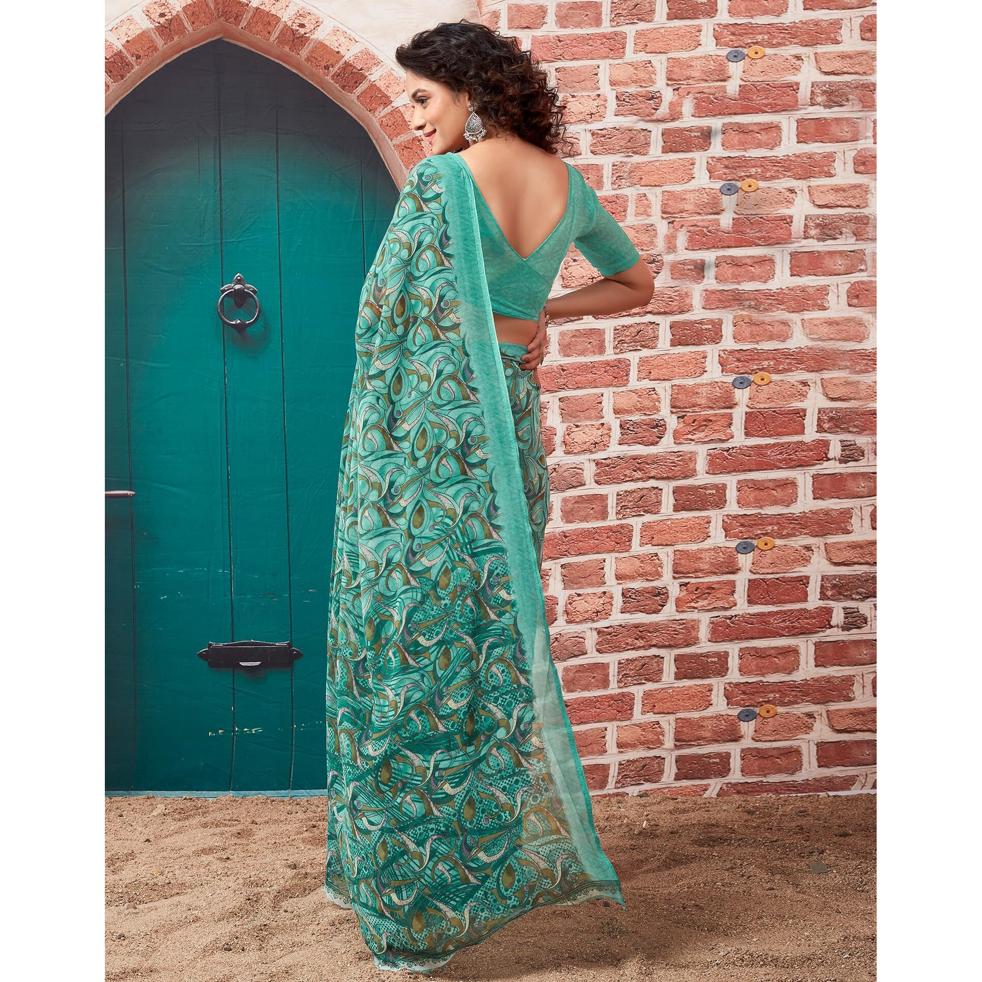 SIRIL Womens Georgette Printed Saree With Unstitched Blouse Piece (3448S1087_Turquoise)