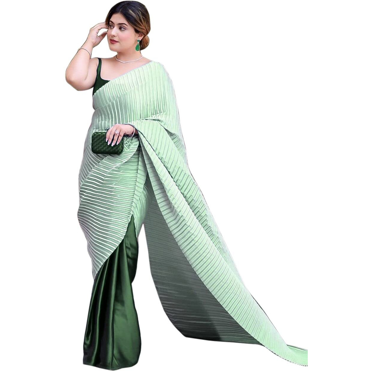 Sidhidata Womens Pleated/Crushed Plain Chinon Saree With Unstitched Blouse Piece (Pista Green)