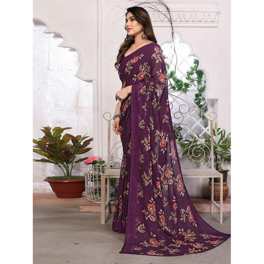 SAMAH Womens Georgette Floral Printed Saree with Unstitched Blouse Piece (3289S111N_Wine)