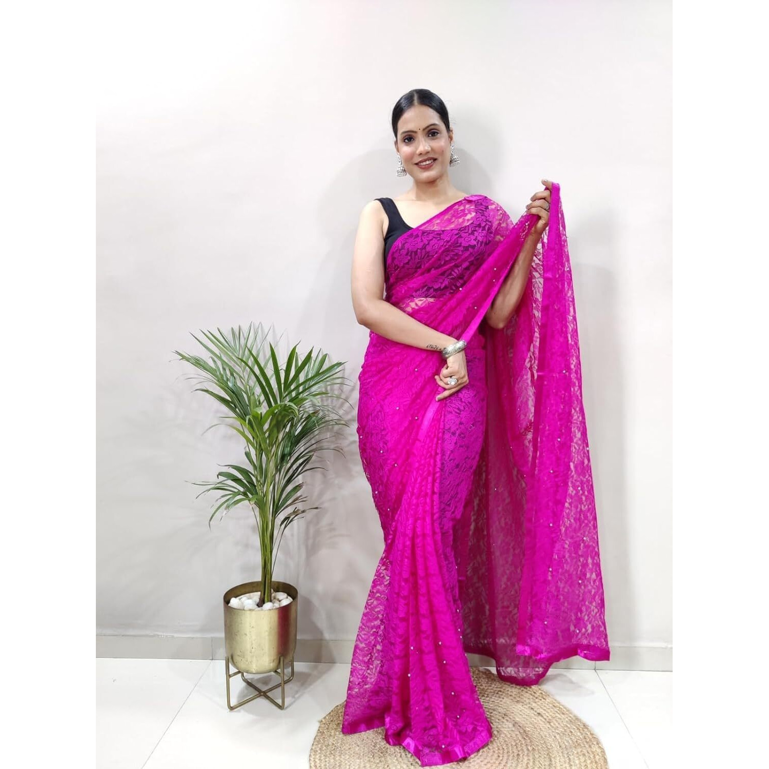 Sidhidata Womens Rasal Net Pearl Aari work Ready To Wear one Minute Saree With Unstitched Blouse Piece (Rasal Rani_Rani_Free Size)