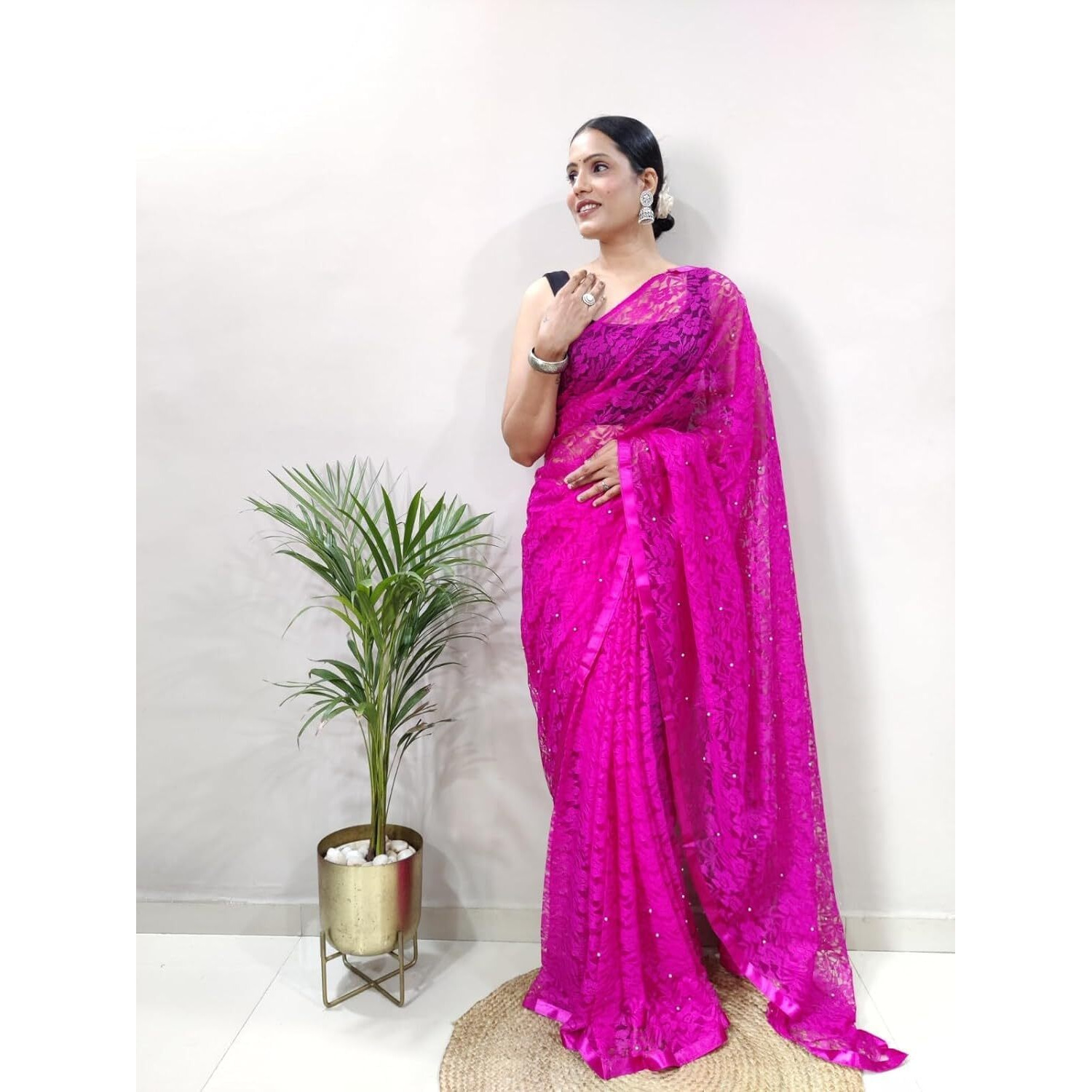 Sidhidata Womens Rasal Net Pearl Aari work Ready To Wear one Minute Saree With Unstitched Blouse Piece (Rasal Rani_Rani_Free Size)