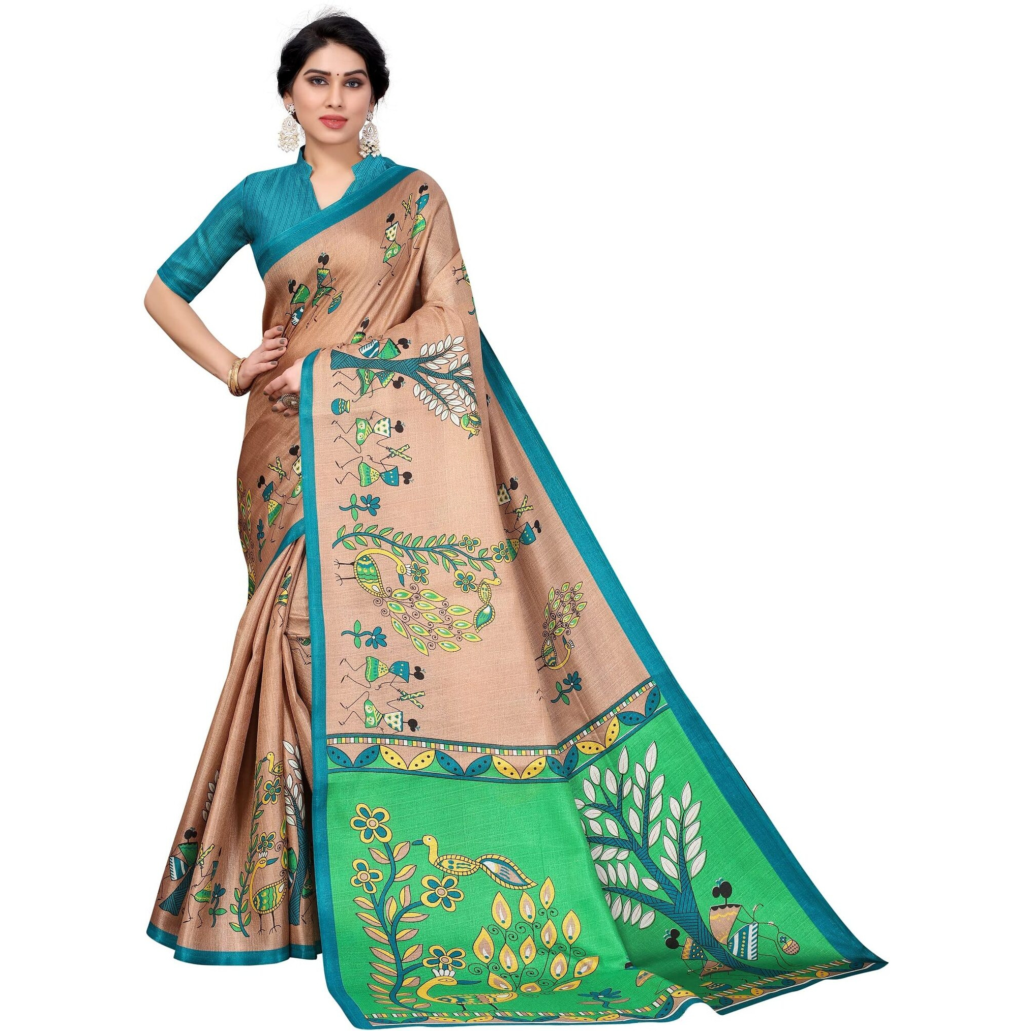 Yashika Womens Art Silk Printed Saree With Blouse Piece(DANDIYA BROWN_Free Size)