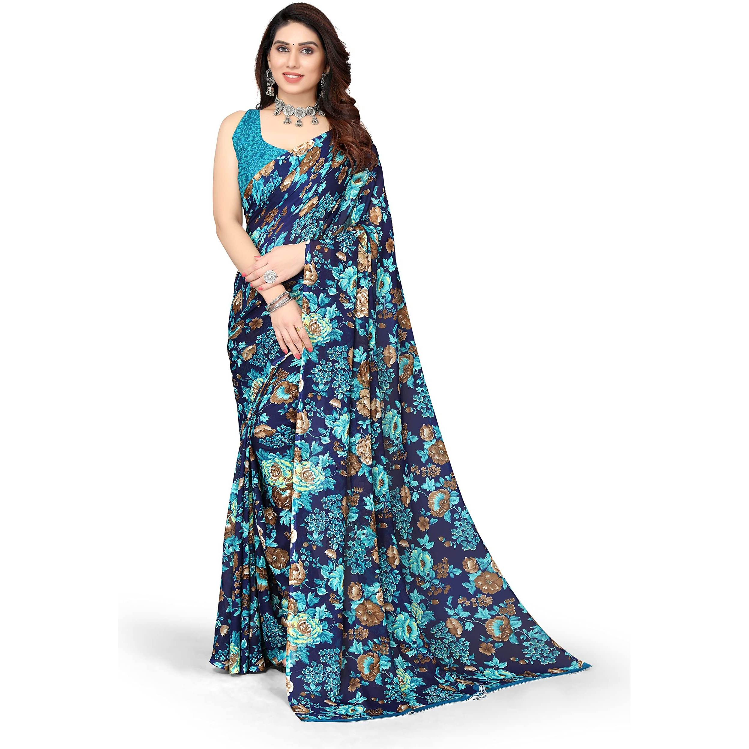 Yashika Womens Jacquard Georgette Saree (ECHO BLUE