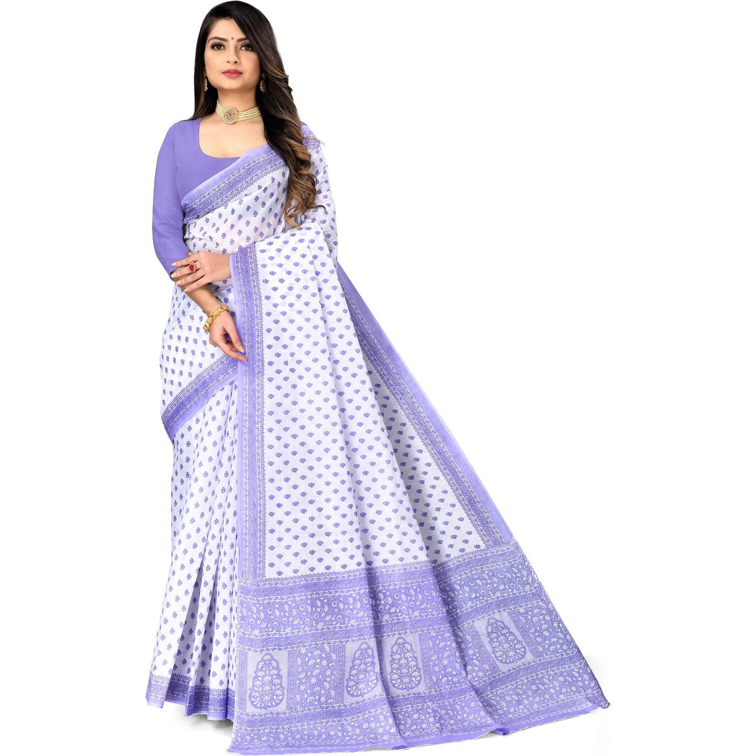 Ratan Womens Plain Cotton Saree Without Blouse Piece (Amri-102-Lav_White Lavender)