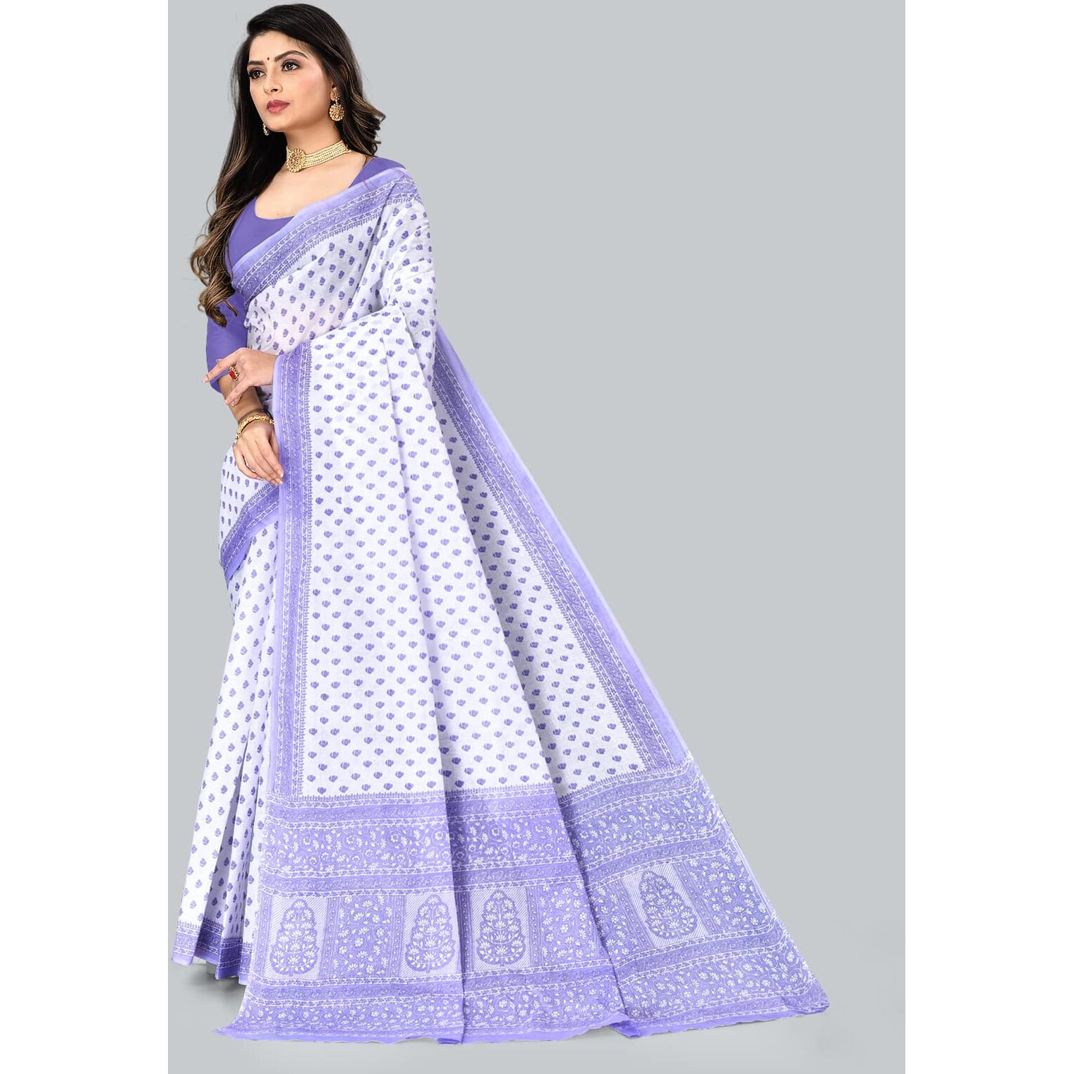 Ratan Womens Plain Cotton Saree Without Blouse Piece (Amri-102-Lav_White Lavender)