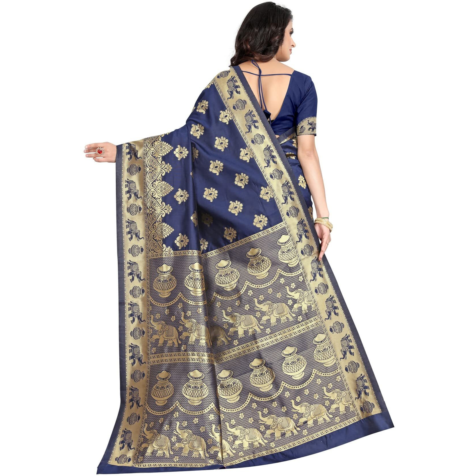 Sugathari Womens Banarasi Saree Pure Kanjivaram Silk Saree Soft new ladies 2023 Design Wear Sarees Latest Cotton Party Sari collections With Blouse Piece for Wedding sadi (SAM SAN 9016-Navy Blue)