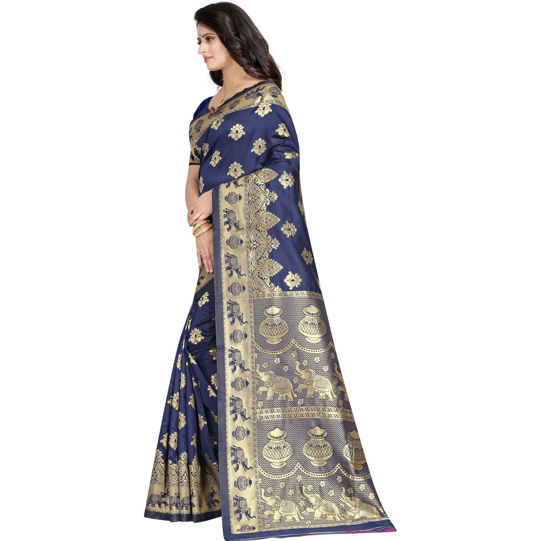 Sugathari Womens Banarasi Saree Pure Kanjivaram Silk Saree Soft new ladies 2023 Design Wear Sarees Latest Cotton Party Sari collections With Blouse Piece for Wedding sadi (SAM SAN 9016-Navy Blue)