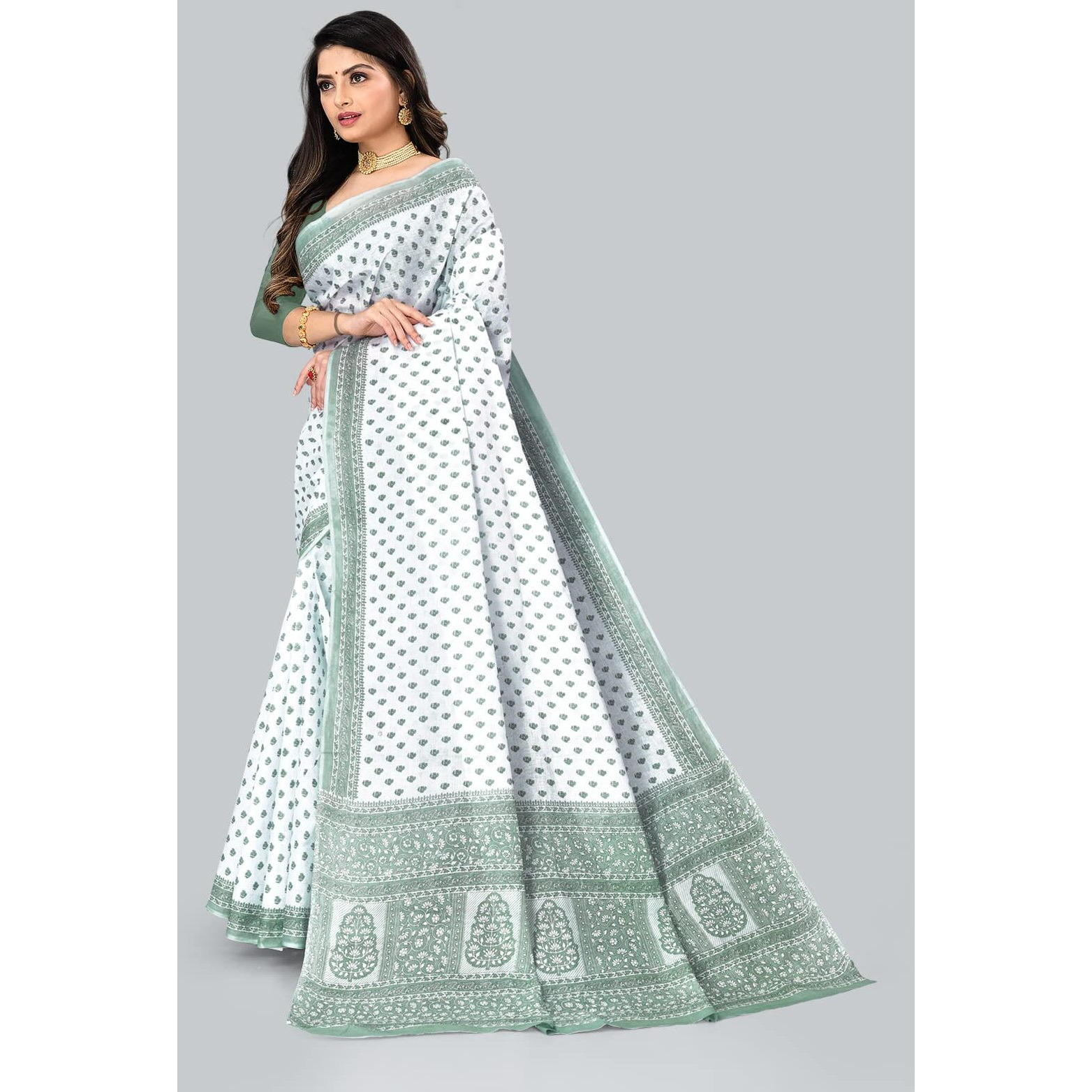 Ratan Womens Pure Cotton Printed Mulmul Saree Without Blouse Piece (White Olive-Green)