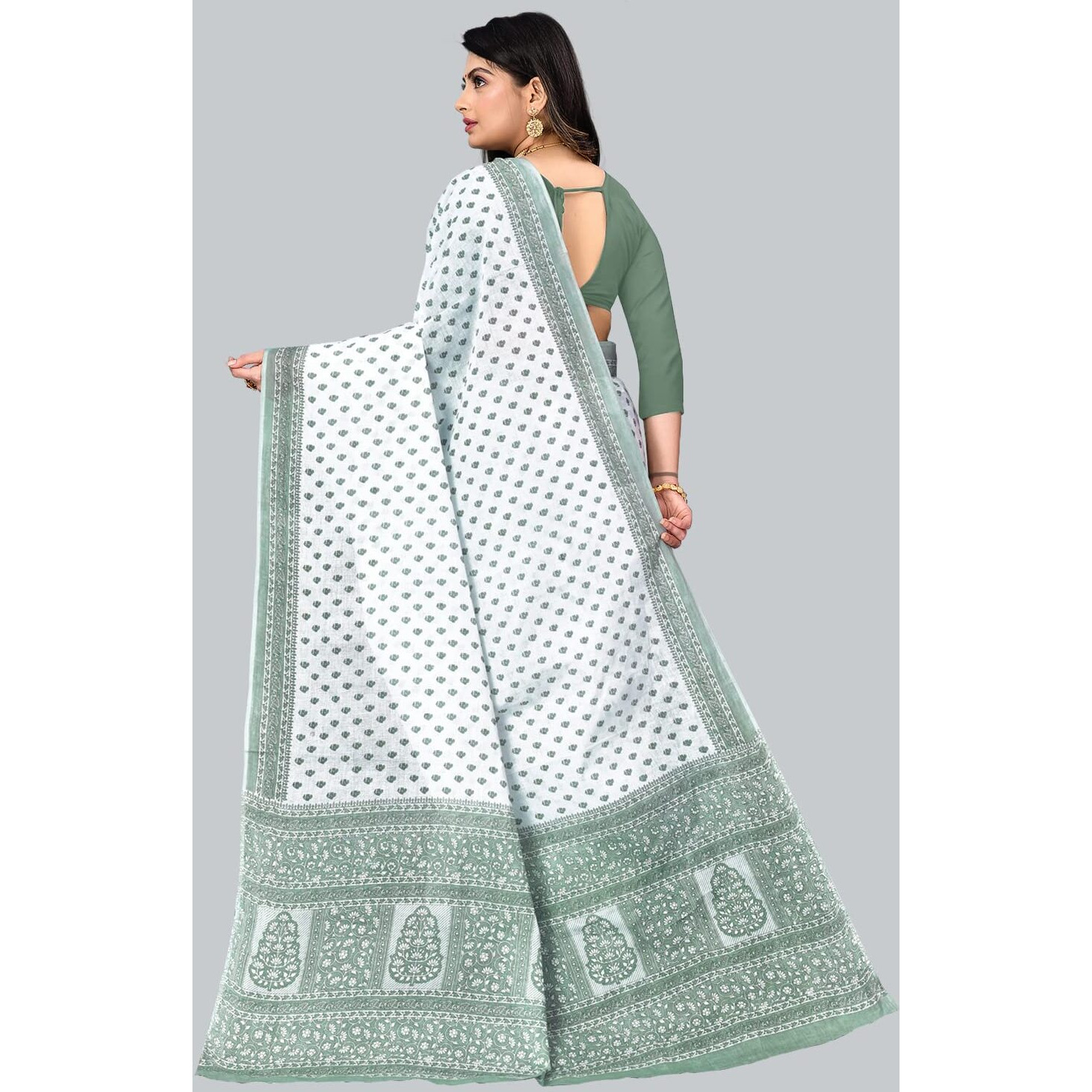 Ratan Womens Pure Cotton Printed Mulmul Saree Without Blouse Piece (White Olive-Green)