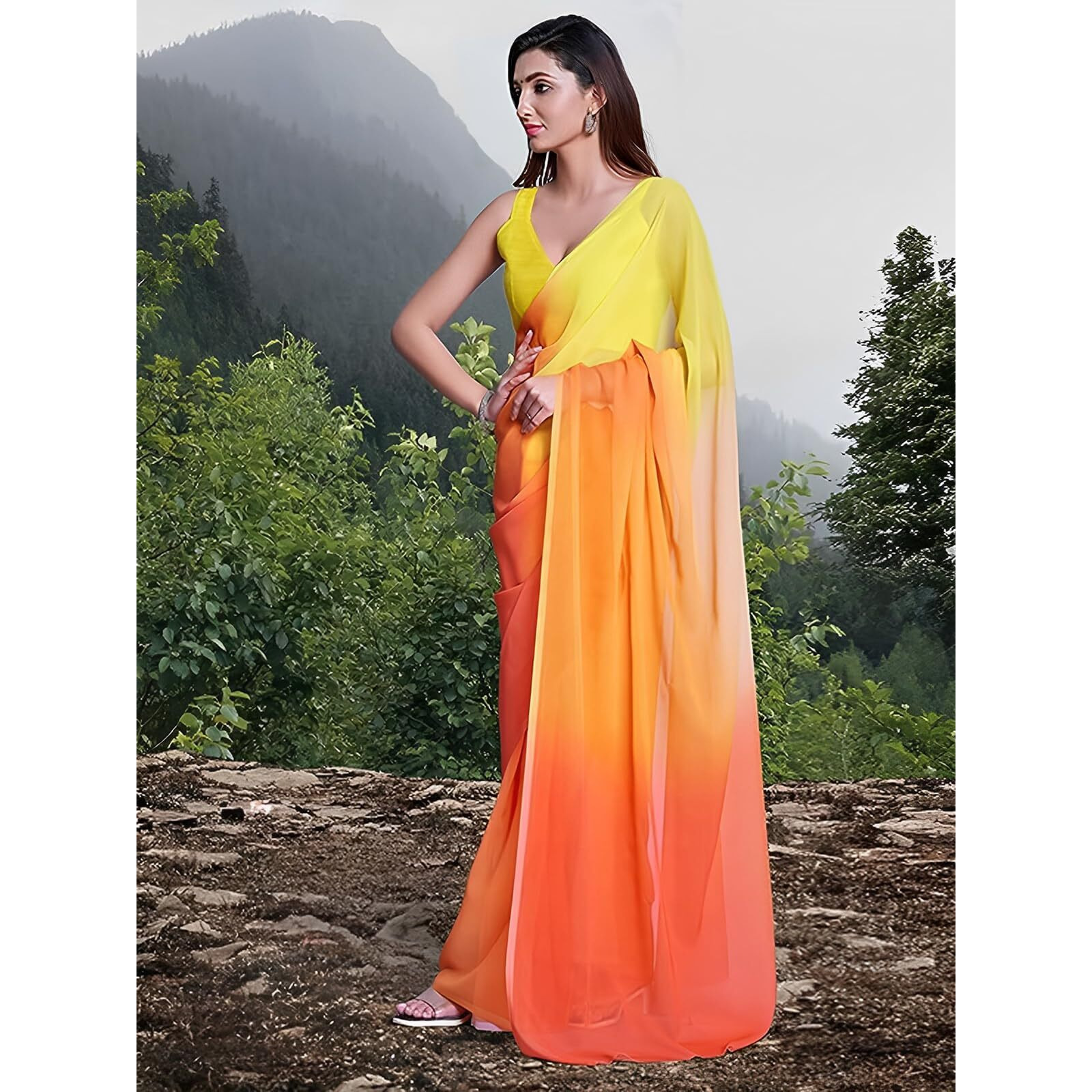 SIRIL Womens Printed Georgette Saree with Unstitched Blouse Piece (3192S3189_Yellow)
