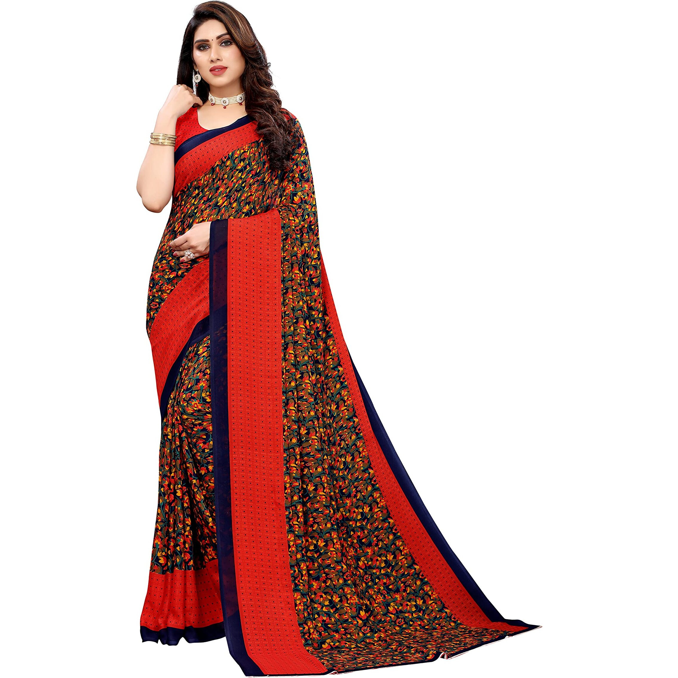Yashika Womens Jacquard Georgette Standard Length Saree (Namrata Red