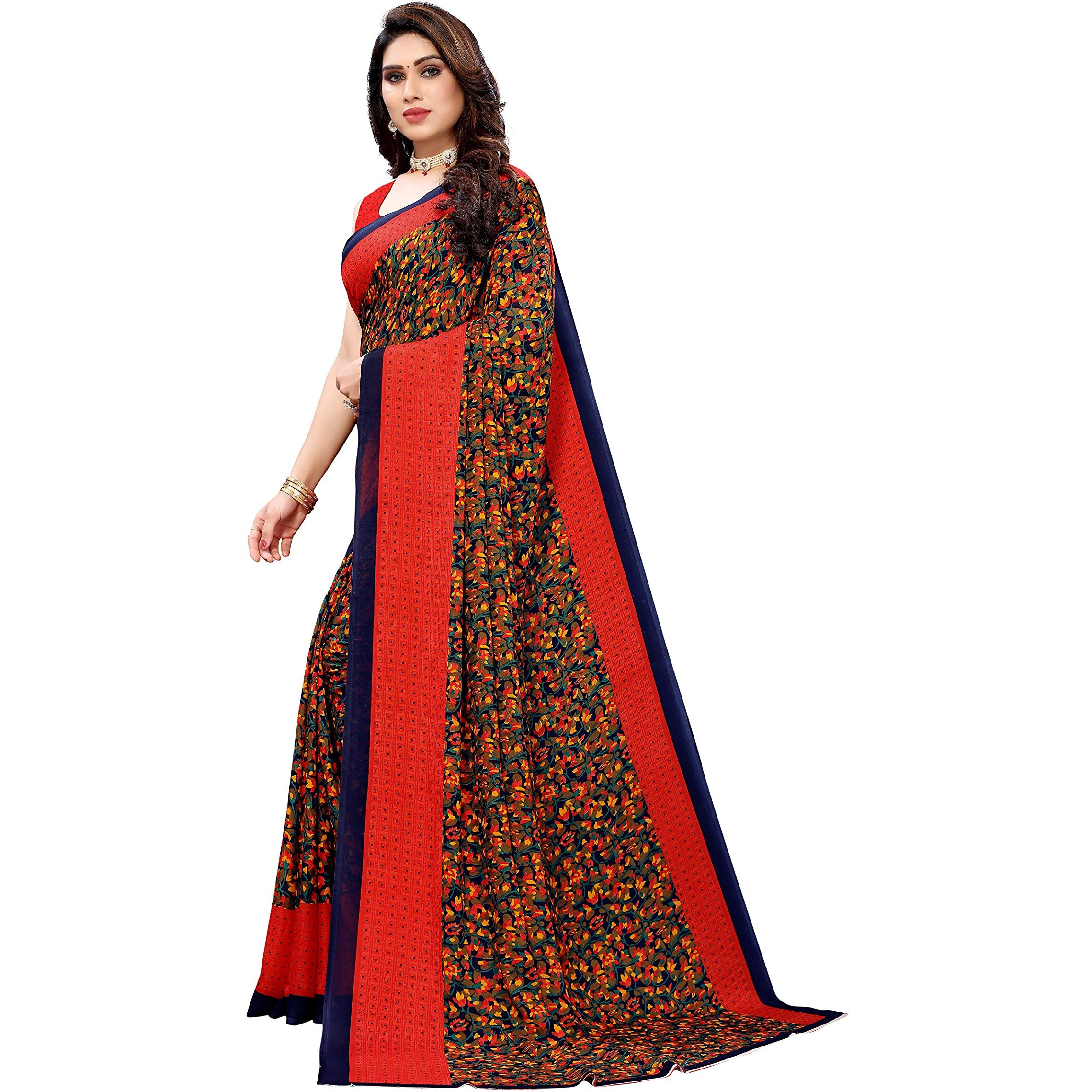 Yashika Womens Jacquard Georgette Standard Length Saree (Namrata Red