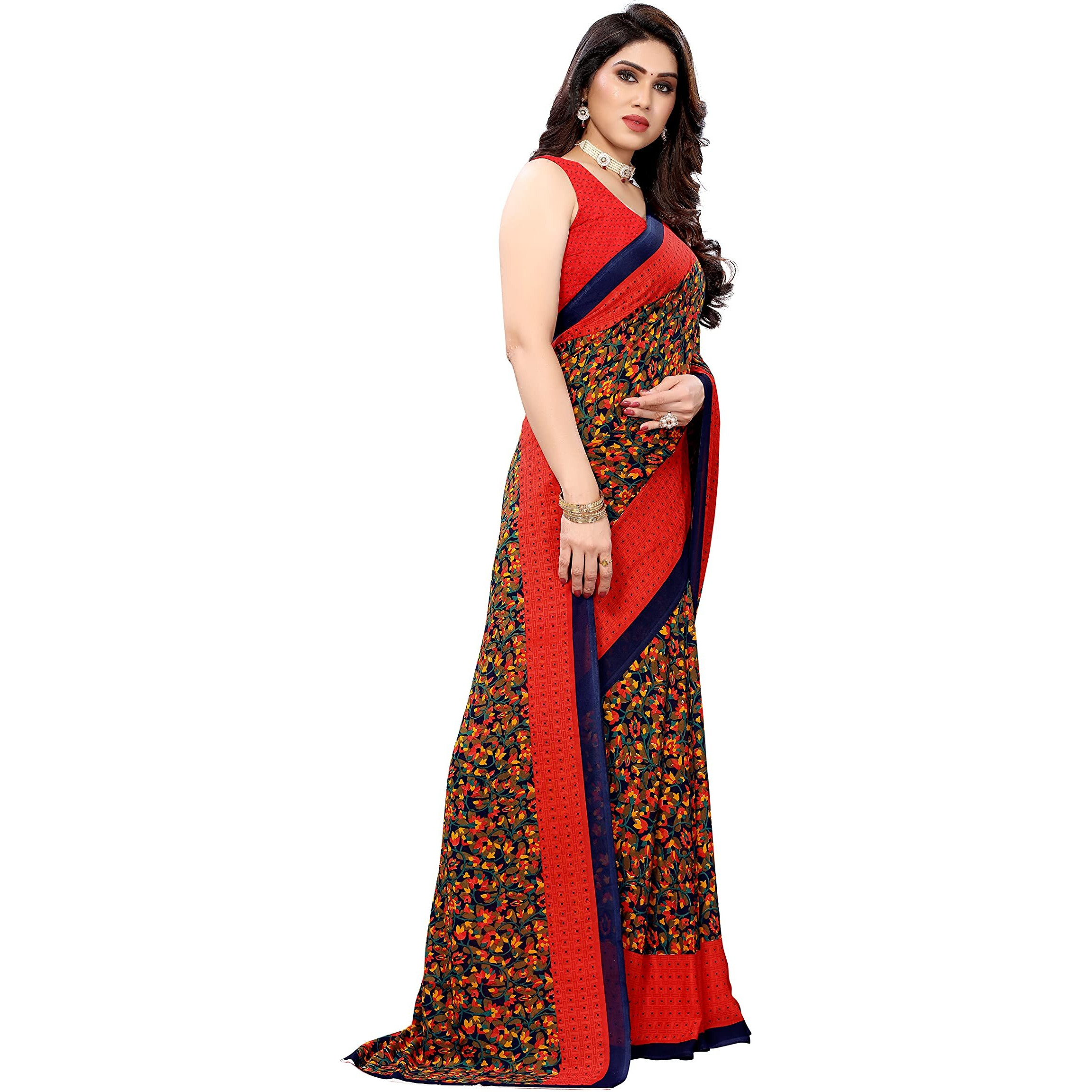 Yashika Womens Jacquard Georgette Standard Length Saree (Namrata Red
