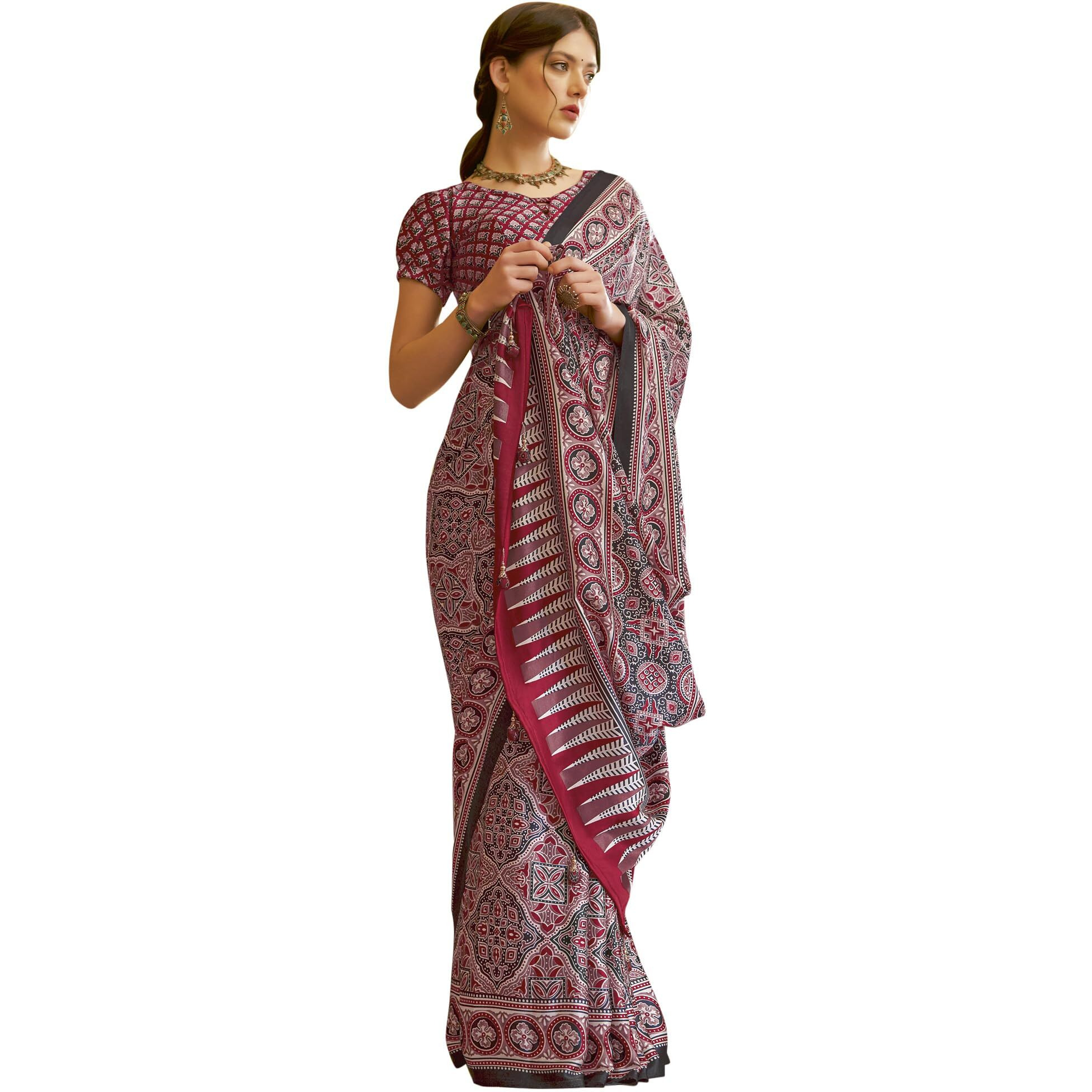SAREE MALL Womens Crepe Ajrak Crepe Satin Printed Saree With Unstitched Blouse Piece(Red_MOHAR103B_HS)