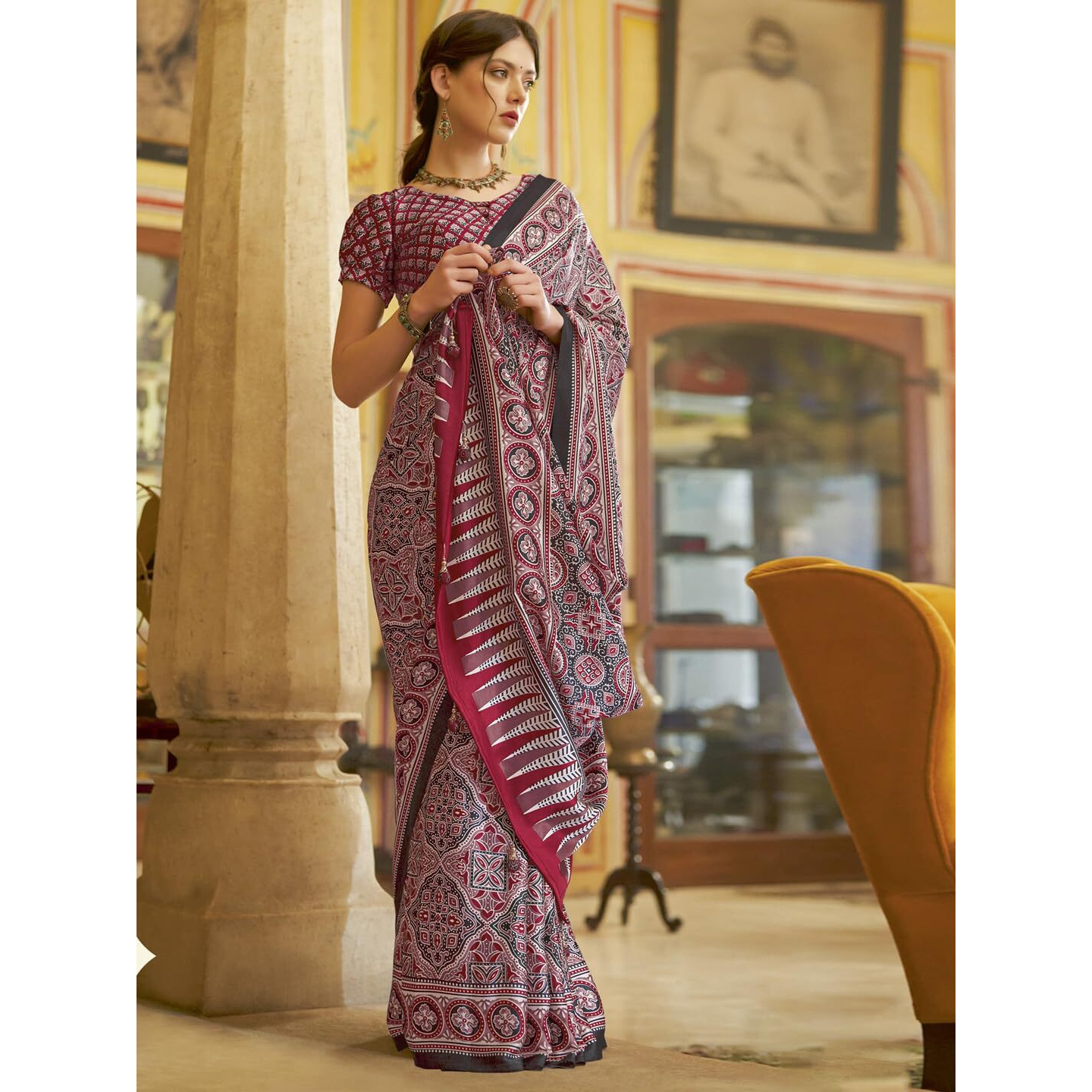 SAREE MALL Womens Crepe Ajrak Crepe Satin Printed Saree With Unstitched Blouse Piece(Red_MOHAR103B_HS)